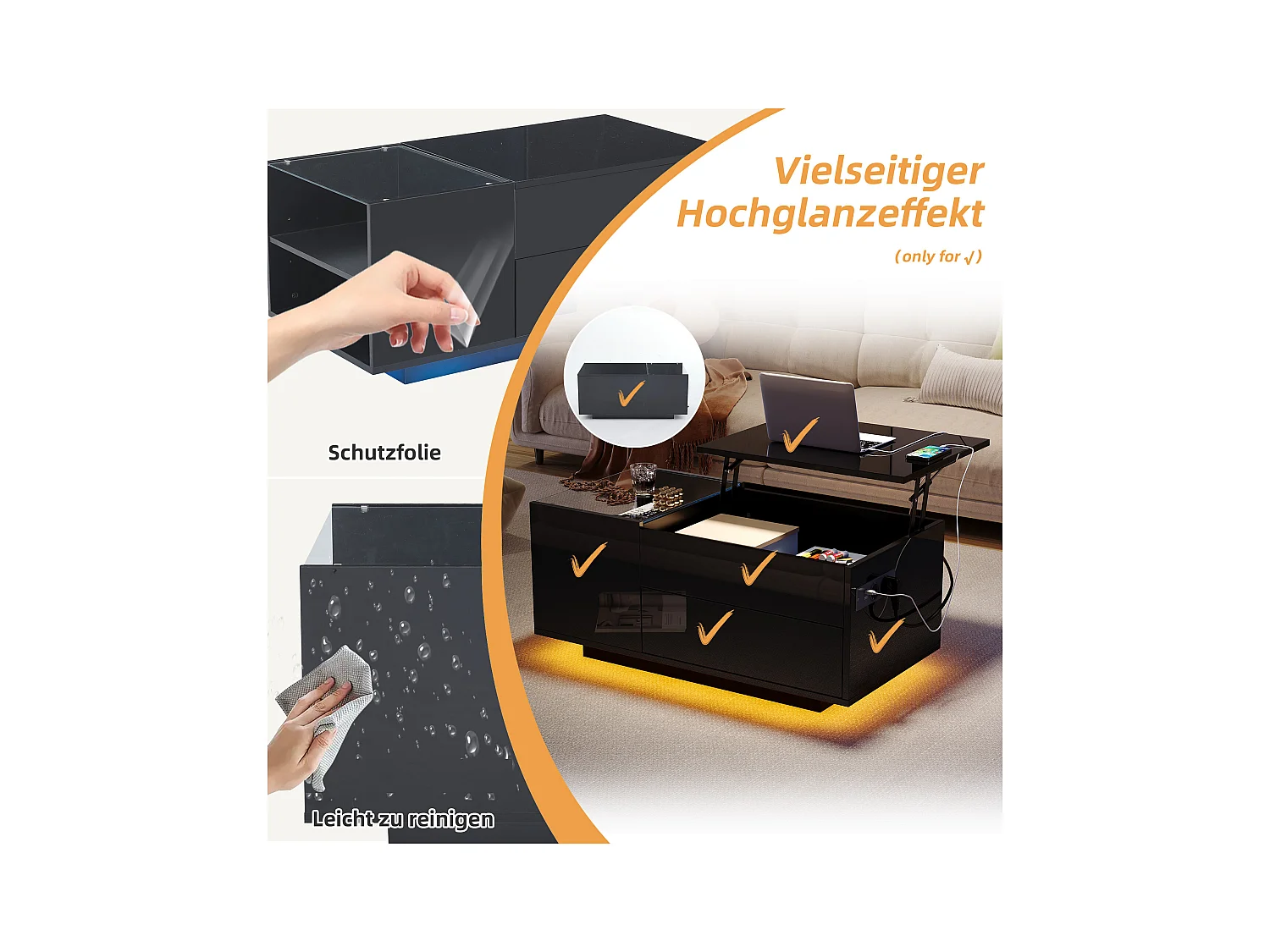 Table basse LED noire avec fonction de rangement, panneau de particules + verre trempé, contrôle via application mobile (95x48x42 cm)