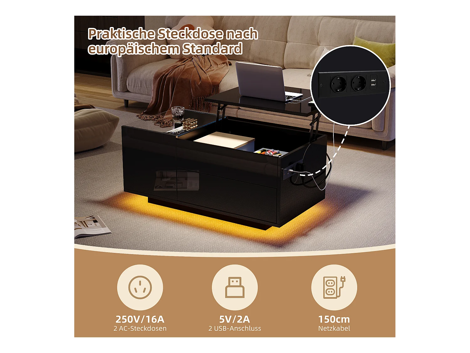 Table basse LED noire avec fonction de rangement, panneau de particules + verre trempé, contrôle via application mobile (95x48x42 cm)