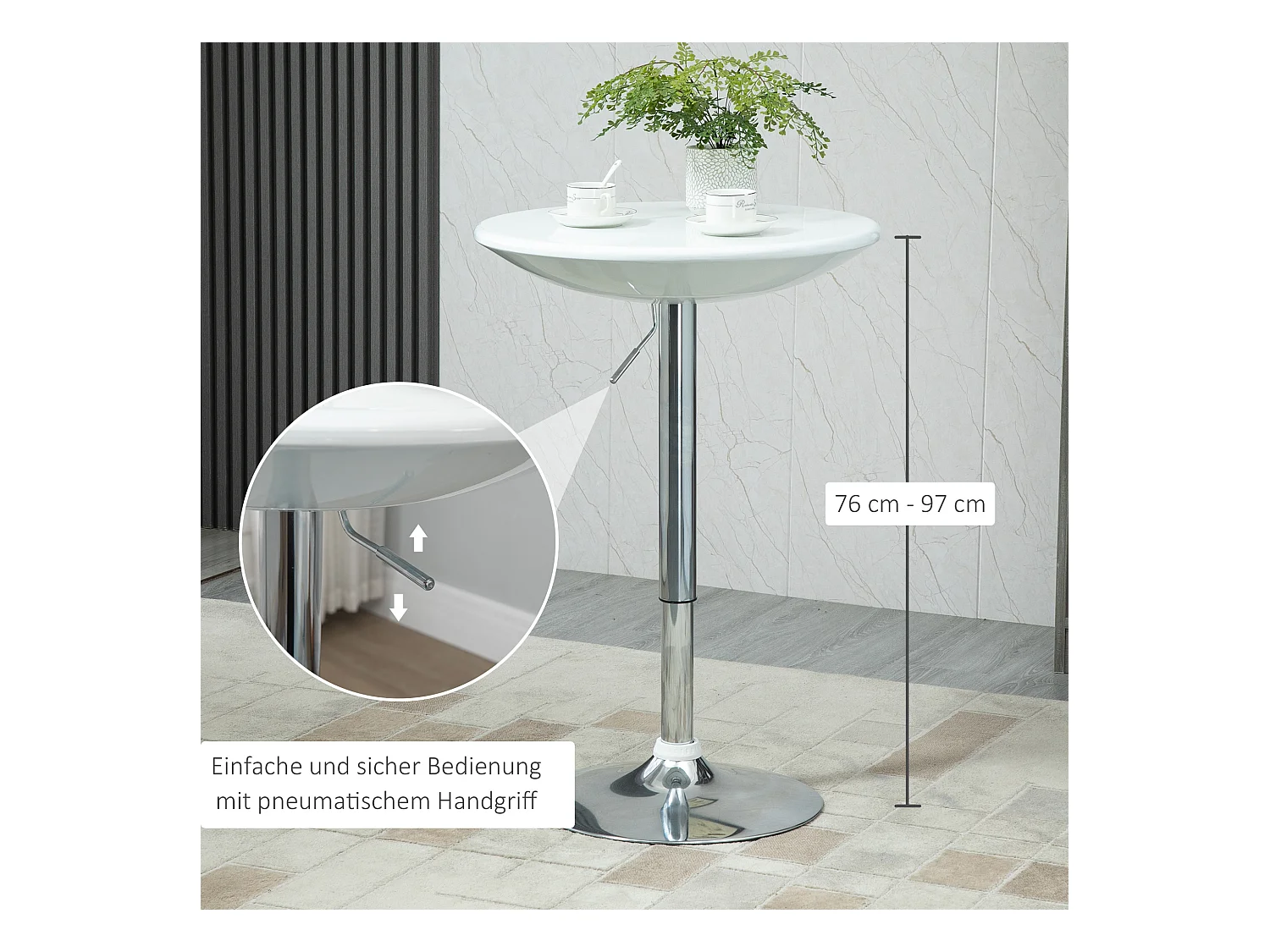 Table haute moderne, réglable en hauteur, métal et ABS, blanche (Ø61 x 76-97 cm)