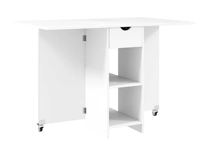 Klappbarer Esstisch mit Stauraum, für 2-4 Personen, mit 1 Schublade und 2 Ablageflächen, aus Spanplatte, weiß (114,5x70x75 cm)