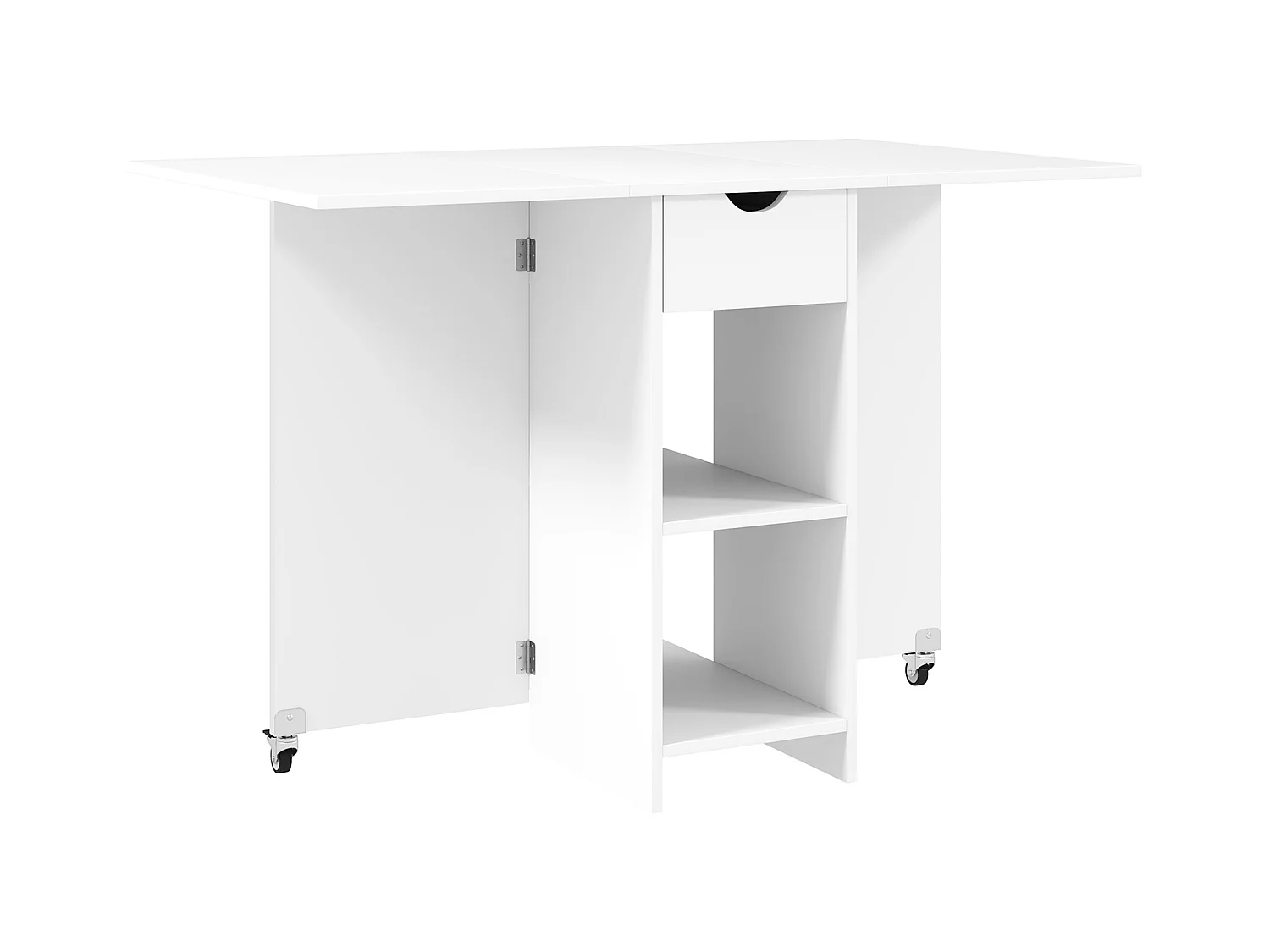 Klappbarer Esstisch mit Stauraum, für 2-4 Personen, mit 1 Schublade und 2 Ablageflächen, aus Spanplatte, weiß (114,5x70x75 cm)