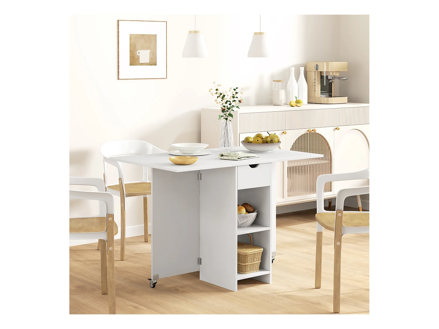 Klappbarer Esstisch mit Stauraum, für 2-4 Personen, mit 1 Schublade und 2 Ablageflächen, aus Spanplatte, weiß (114,5x70x75 cm)