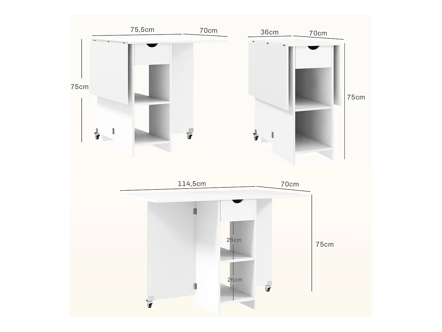 Klappbarer Esstisch mit Stauraum, für 2-4 Personen, mit 1 Schublade und 2 Ablageflächen, aus Spanplatte, weiß (114,5x70x75 cm)