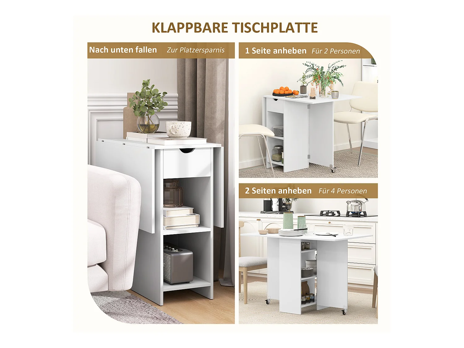 Klappbarer Esstisch mit Stauraum, für 2-4 Personen, mit 1 Schublade und 2 Ablageflächen, aus Spanplatte, weiß (114,5x70x75 cm)