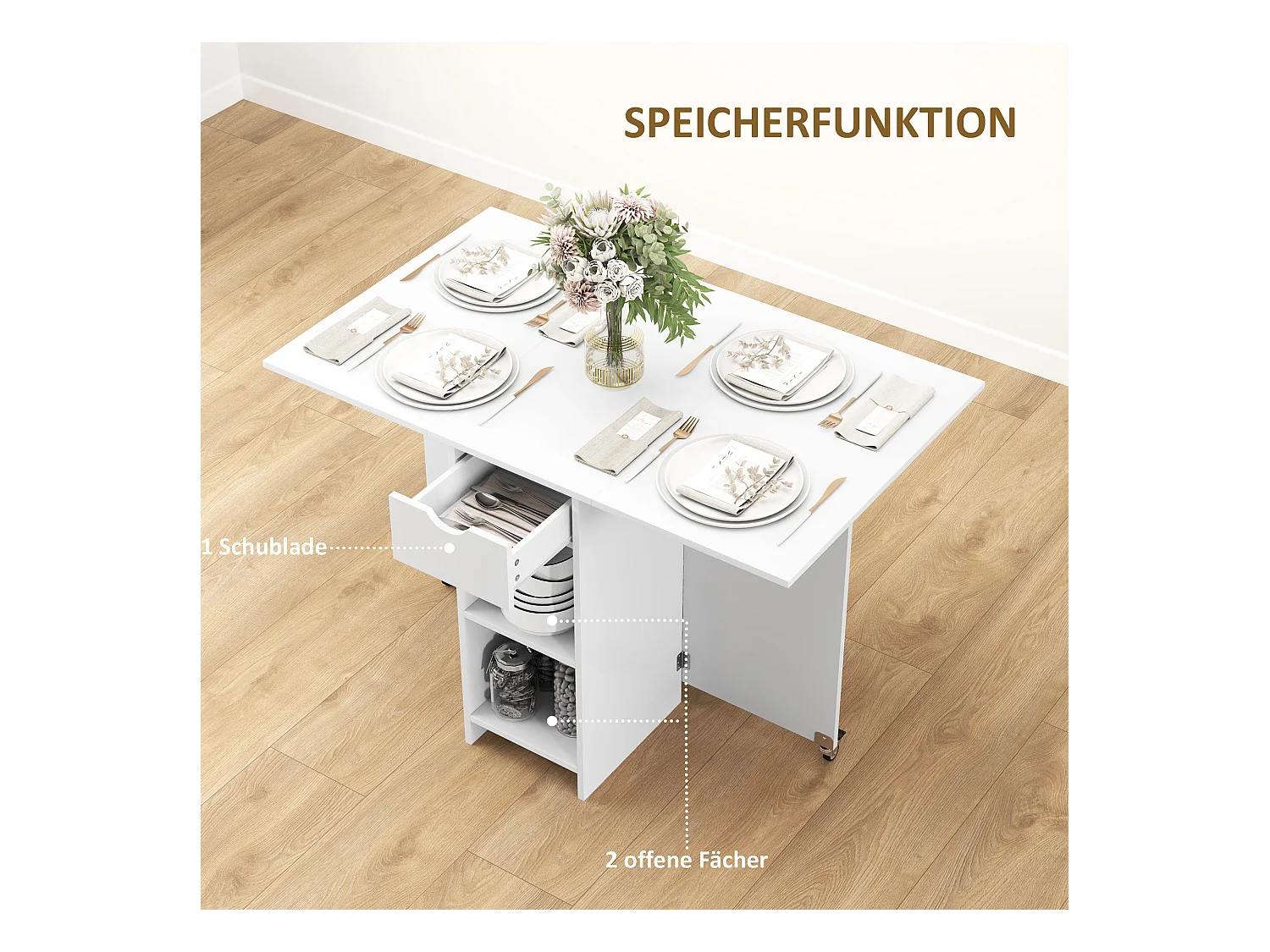 Klappbarer Esstisch mit Stauraum, für 2-4 Personen, mit 1 Schublade und 2 Ablageflächen, aus Spanplatte, weiß (114,5x70x75 cm)