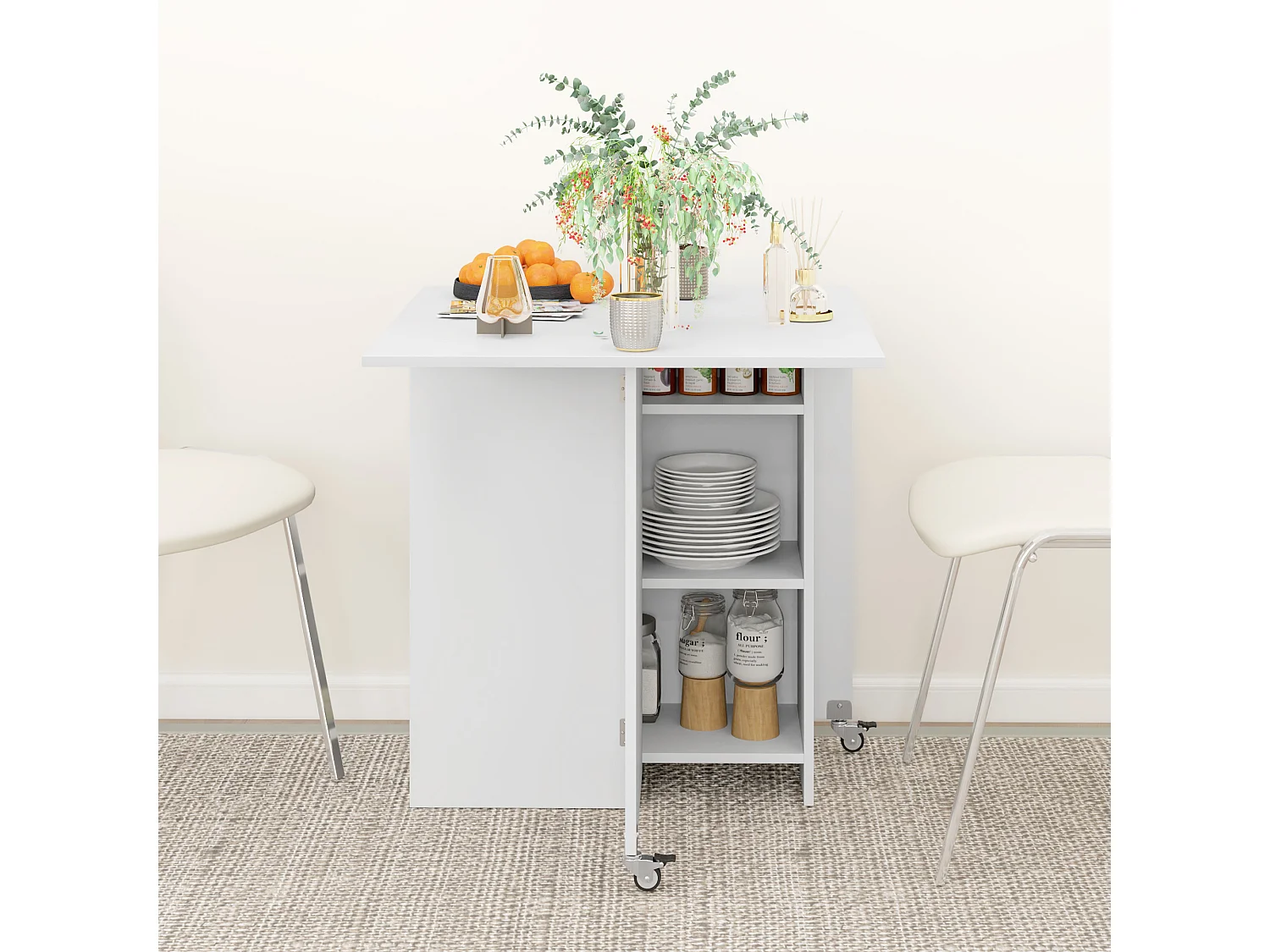 Klappbarer Esstisch mit Stauraum, für 2-4 Personen, mit 1 Schublade und 2 Ablageflächen, aus Spanplatte, weiß (114,5x70x75 cm)