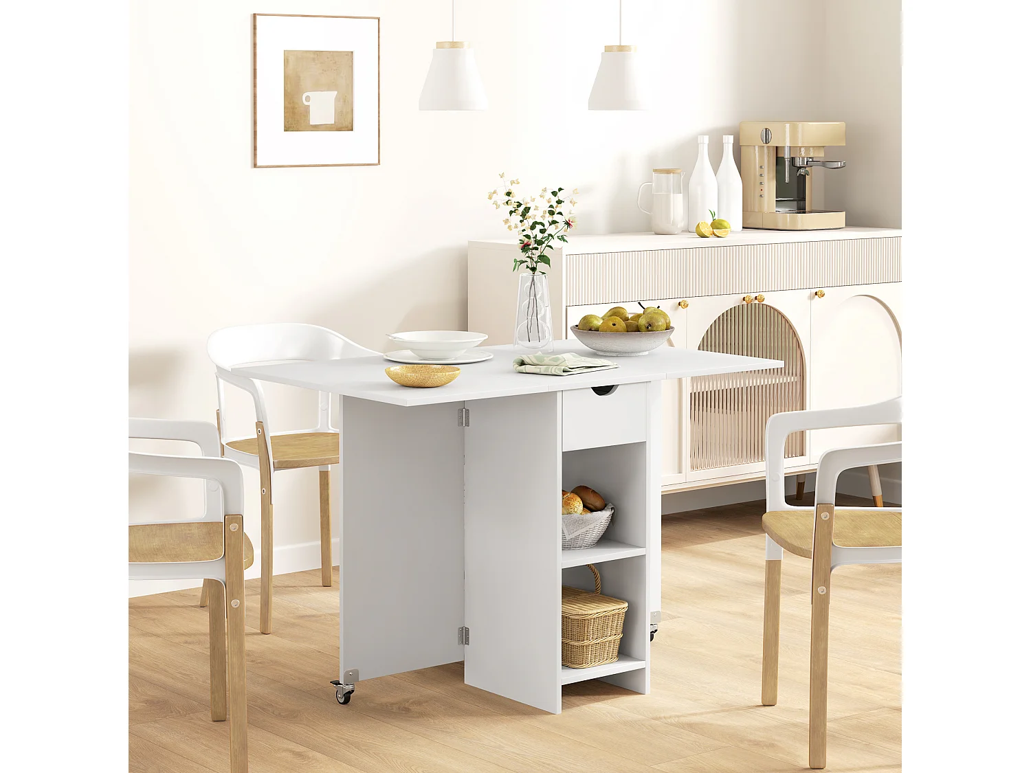 Klappbarer Esstisch mit Stauraum, für 2-4 Personen, mit 1 Schublade und 2 Ablageflächen, aus Spanplatte, weiß (114,5x70x75 cm)