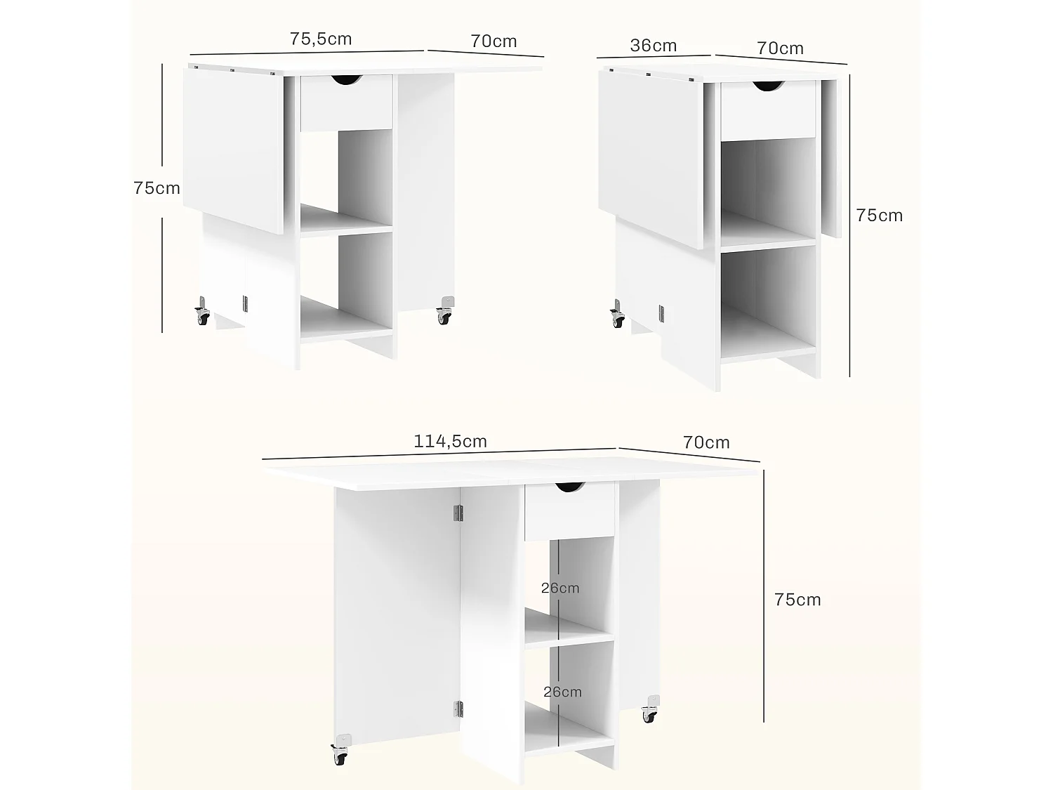 Klappbarer Esstisch mit Stauraum, für 2-4 Personen, mit 1 Schublade und 2 Ablageflächen, aus Spanplatte, weiß (114,5x70x75 cm)