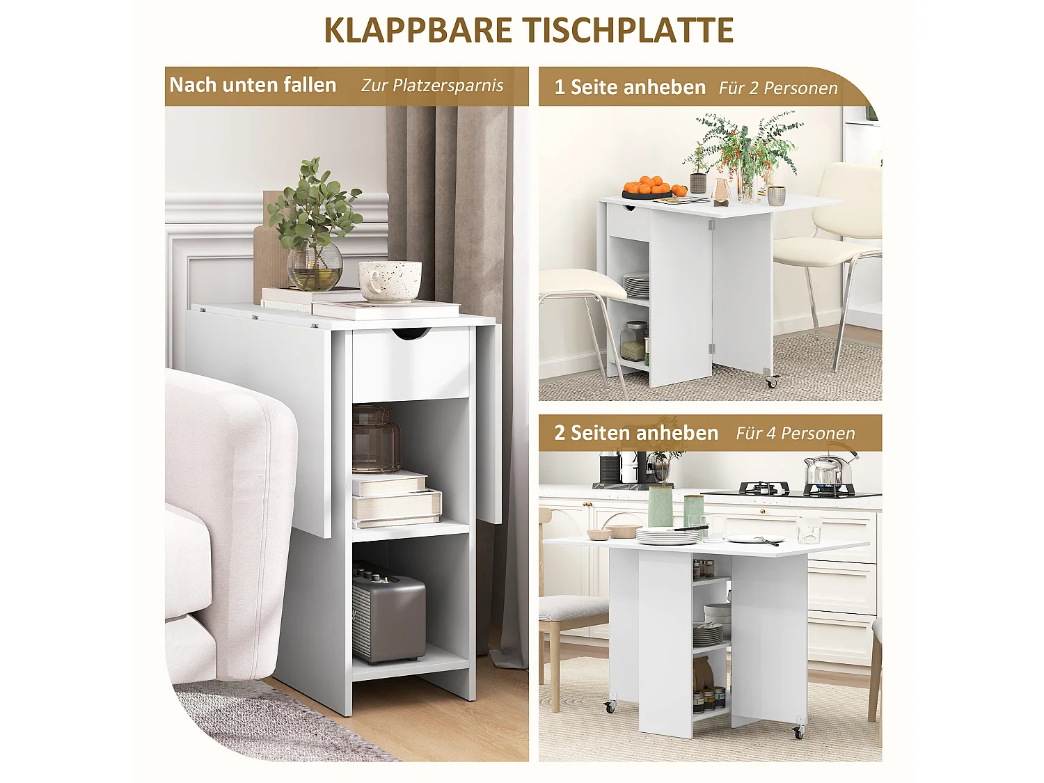 Klappbarer Esstisch mit Stauraum, für 2-4 Personen, mit 1 Schublade und 2 Ablageflächen, aus Spanplatte, weiß (114,5x70x75 cm)