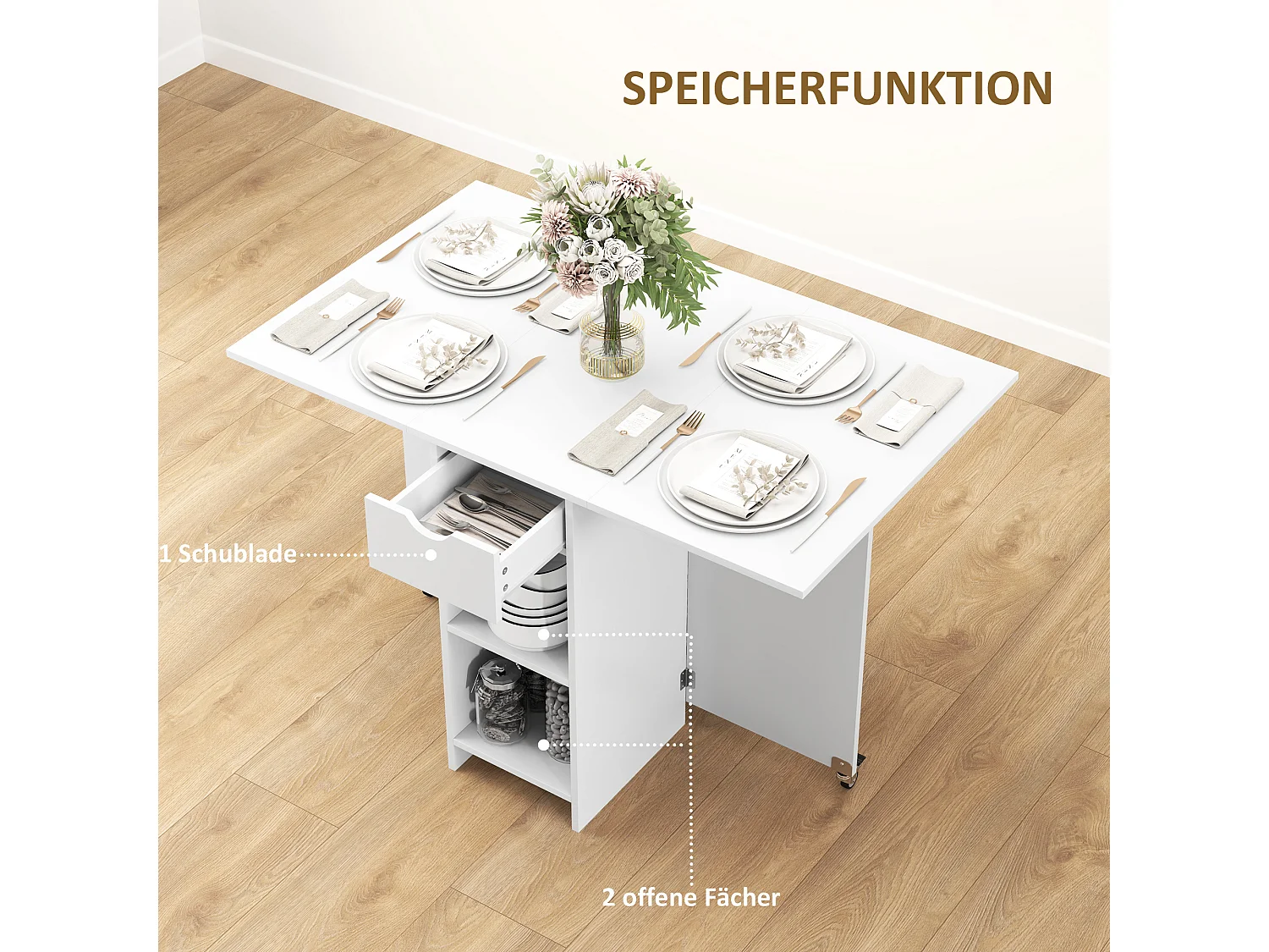 Klappbarer Esstisch mit Stauraum, für 2-4 Personen, mit 1 Schublade und 2 Ablageflächen, aus Spanplatte, weiß (114,5x70x75 cm)