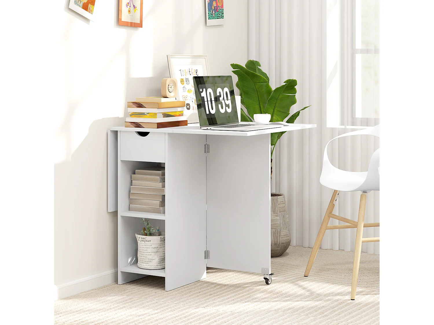 Klappbarer Esstisch mit Stauraum, für 2-4 Personen, mit 1 Schublade und 2 Ablageflächen, aus Spanplatte, weiß (114,5x70x75 cm)