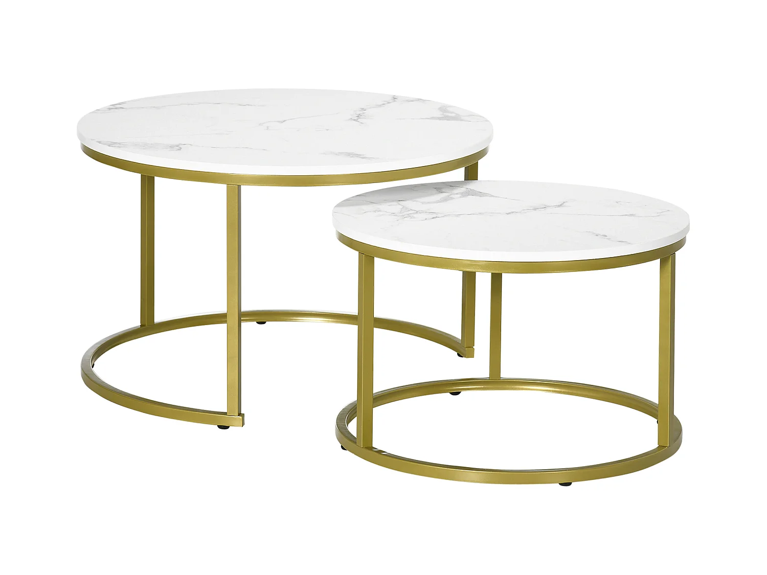 Table basse 2 pièces, design marbre, métal doré, empilable, blanc (74x74x46.3 cm)