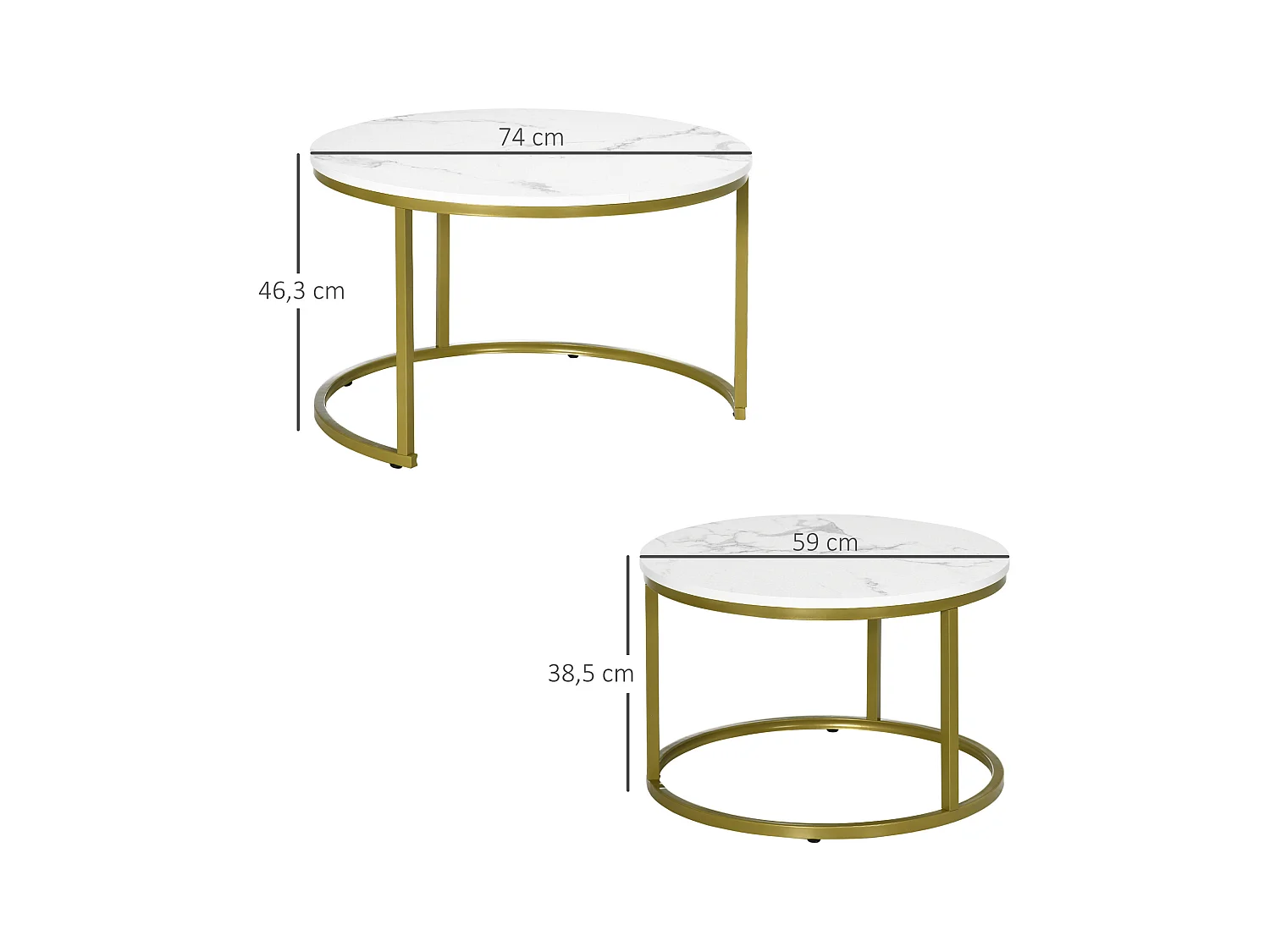 Table basse 2 pièces, design marbre, métal doré, empilable, blanc (74x74x46.3 cm)
