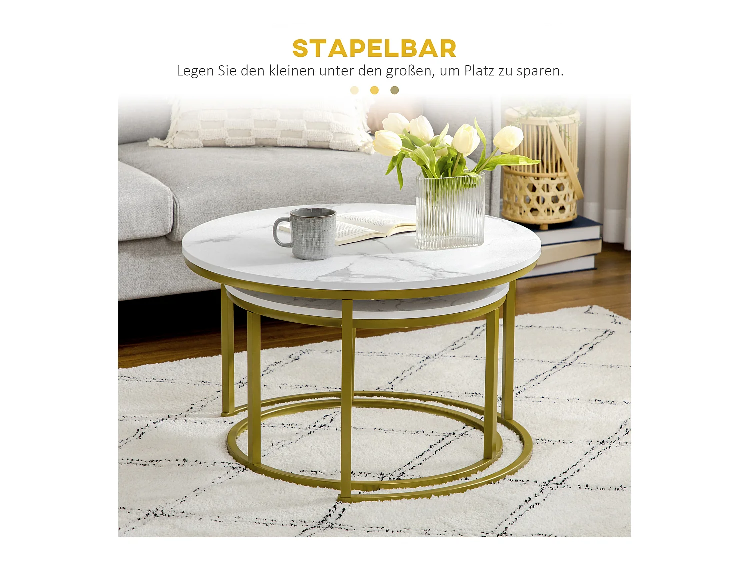 Table basse 2 pièces, design marbre, métal doré, empilable, blanc (74x74x46.3 cm)