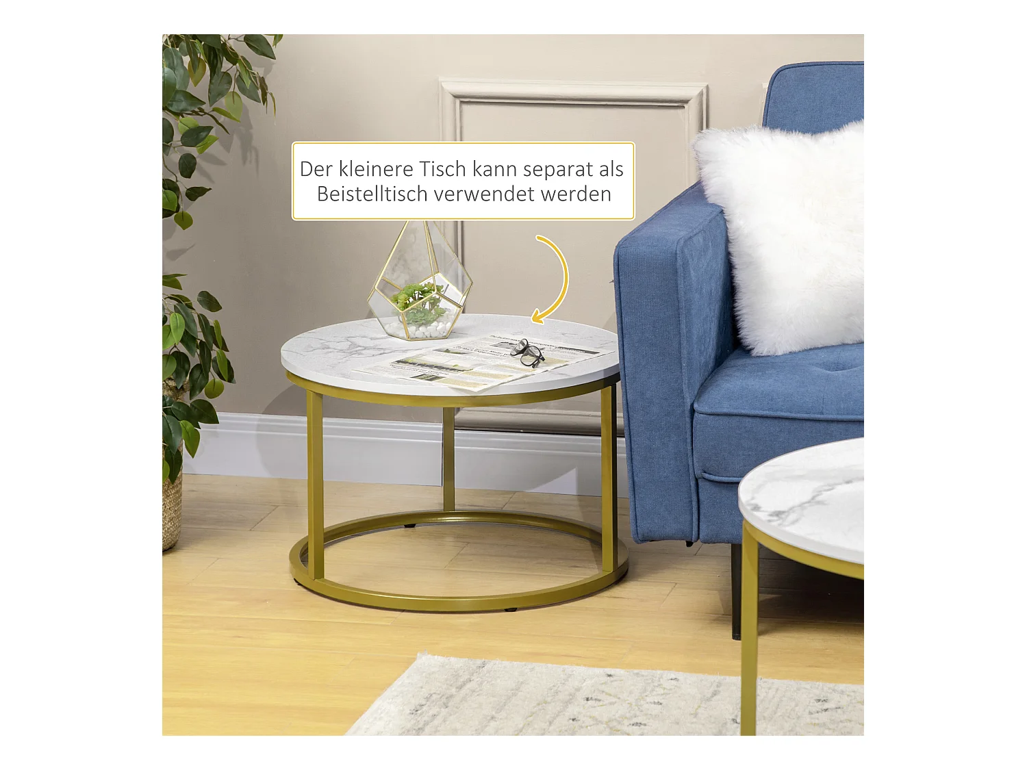 Table basse 2 pièces, design marbre, métal doré, empilable, blanc (74x74x46.3 cm)