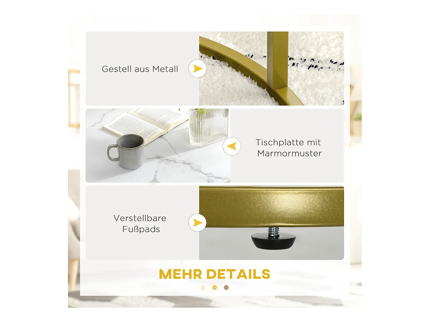 Table basse 2 pièces, design marbre, métal doré, empilable, blanc (74x74x46.3 cm)