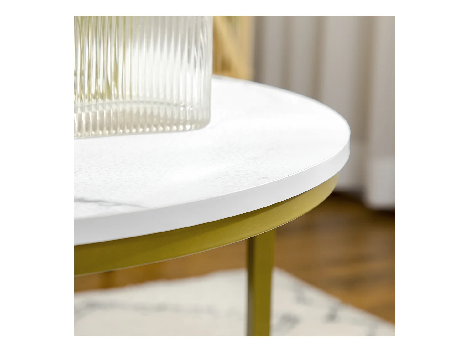 Table basse 2 pièces, design marbre, métal doré, empilable, blanc (74x74x46.3 cm)