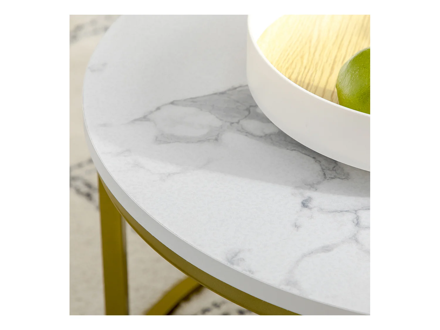 Table basse 2 pièces, design marbre, métal doré, empilable, blanc (74x74x46.3 cm)