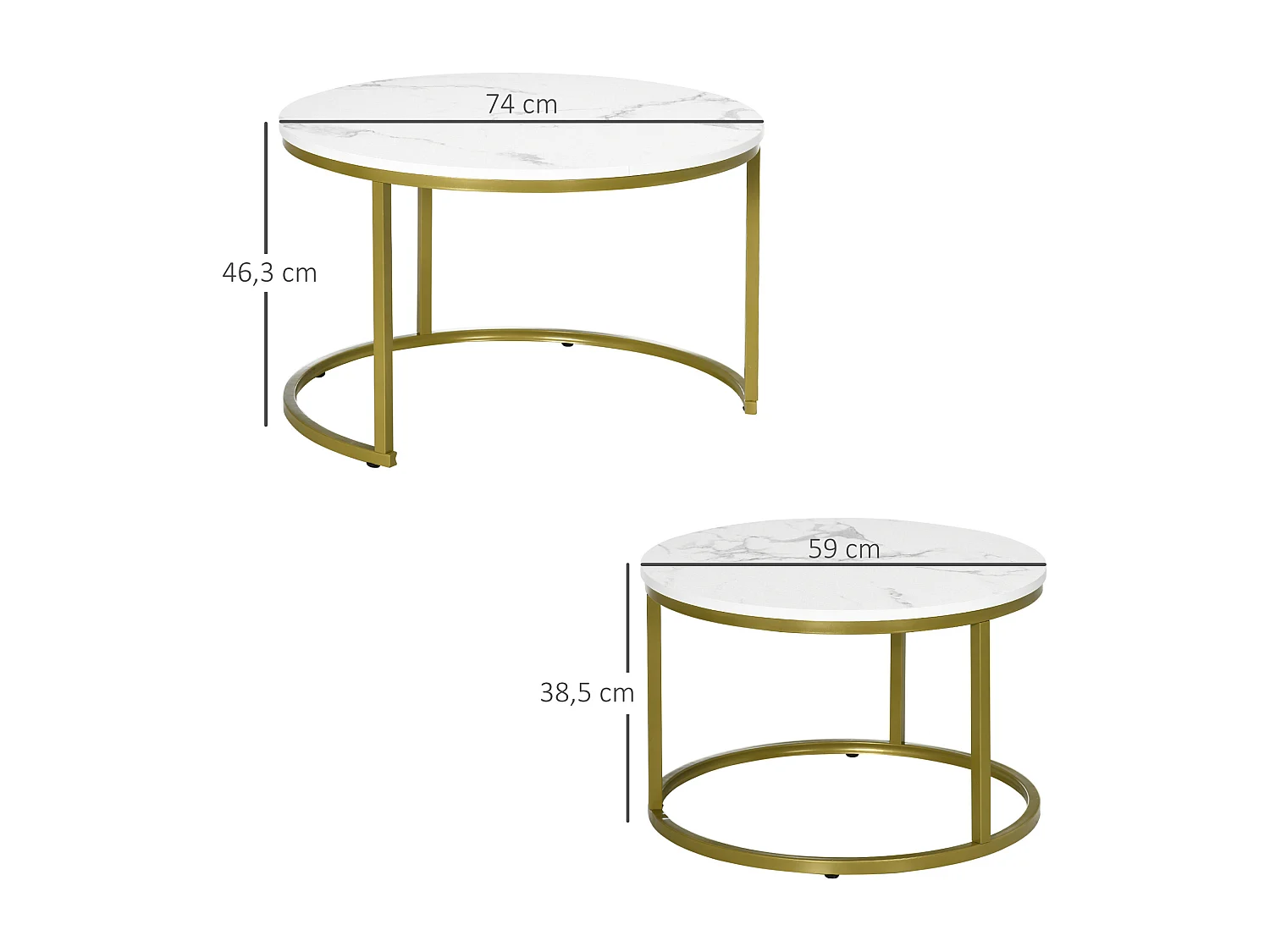 Table basse 2 pièces, design marbre, métal doré, empilable, blanc (74x74x46.3 cm)