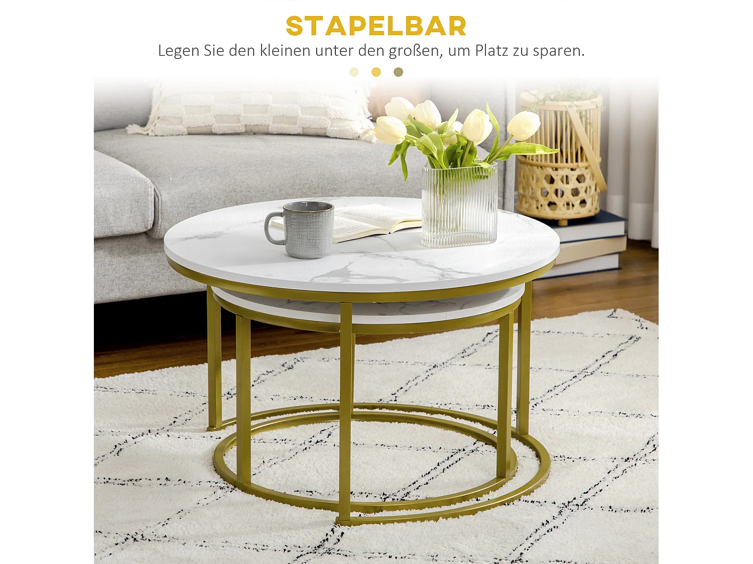 Table basse 2 pièces, design marbre, métal doré, empilable, blanc (74x74x46.3 cm)