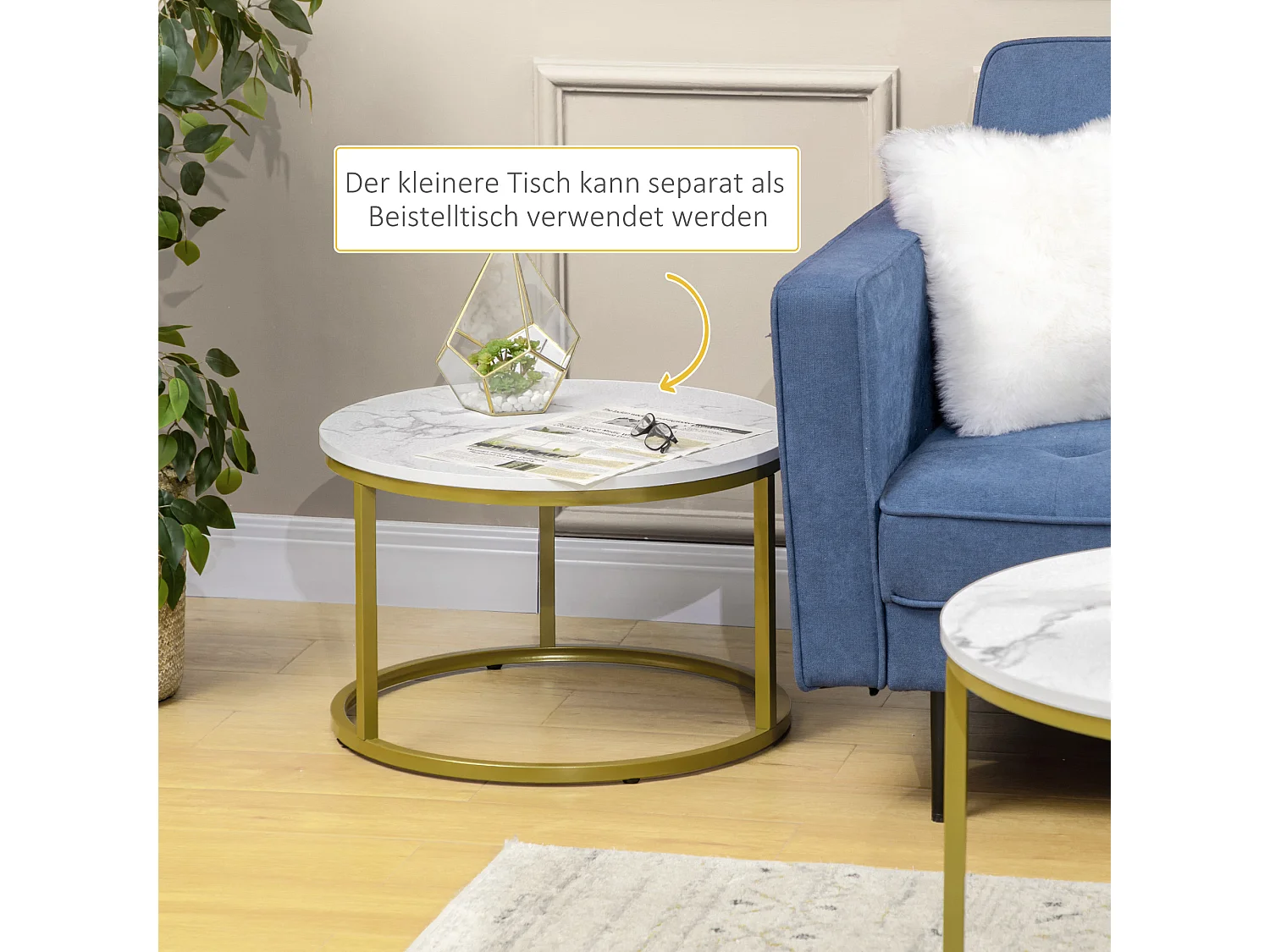 Table basse 2 pièces, design marbre, métal doré, empilable, blanc (74x74x46.3 cm)