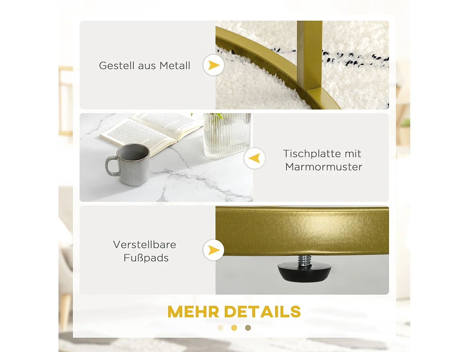 Table basse 2 pièces, design marbre, métal doré, empilable, blanc (74x74x46.3 cm)