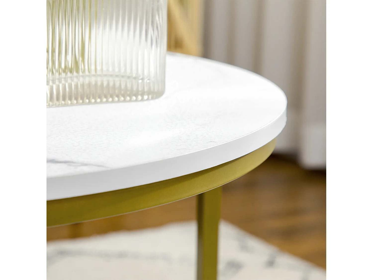 Table basse 2 pièces, design marbre, métal doré, empilable, blanc (74x74x46.3 cm)