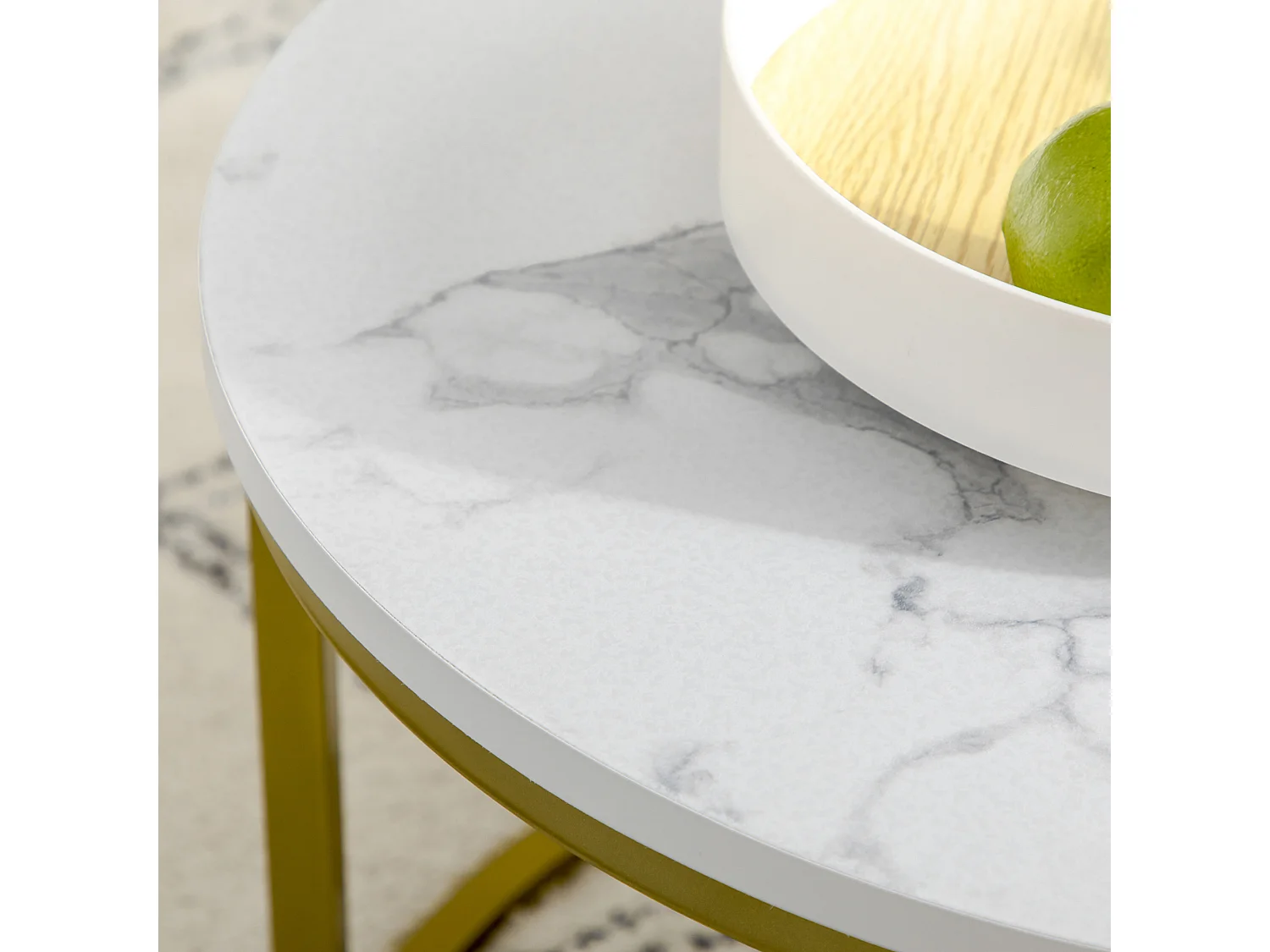 Table basse 2 pièces, design marbre, métal doré, empilable, blanc (74x74x46.3 cm)