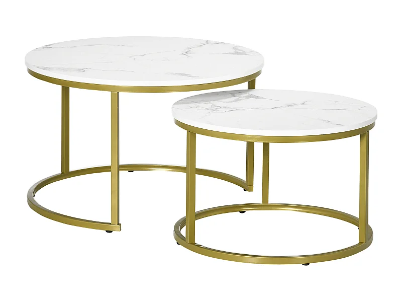 Table basse 2 pièces, design marbre, métal doré, empilable, blanc (74x74x46.3 cm)