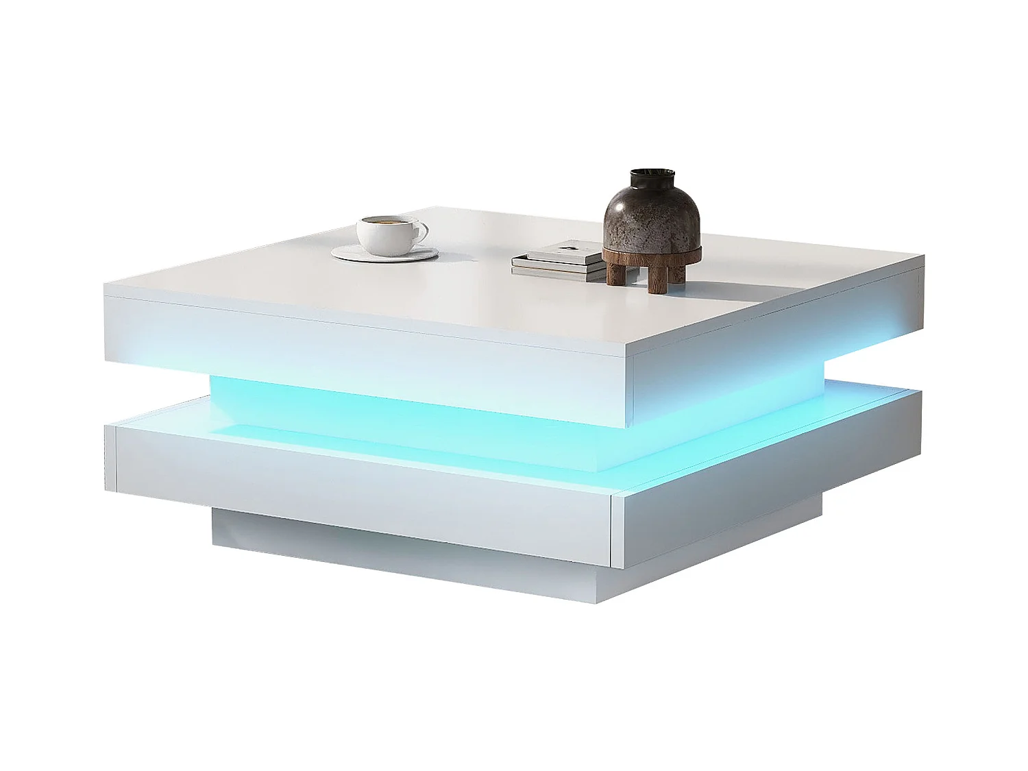 Table basse carrée avec plateau rotatif, LED 16 couleurs, MDF, blanc, (70x70x36 cm)