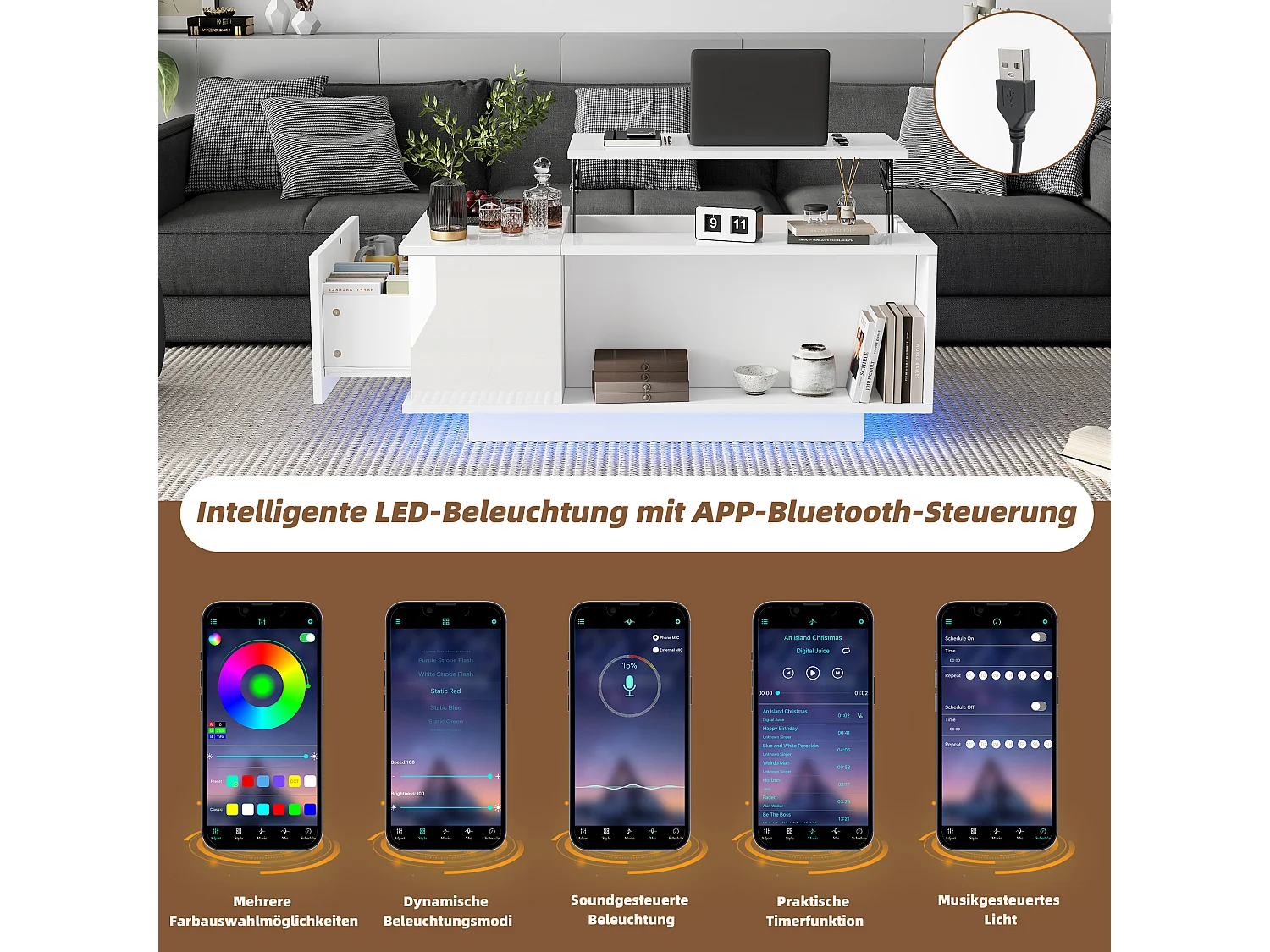 Mesa de centro regulable con espacio de almacenamiento oculto, LED, estante con cajón, diseño moderno, blanco (100x50x40 cm)