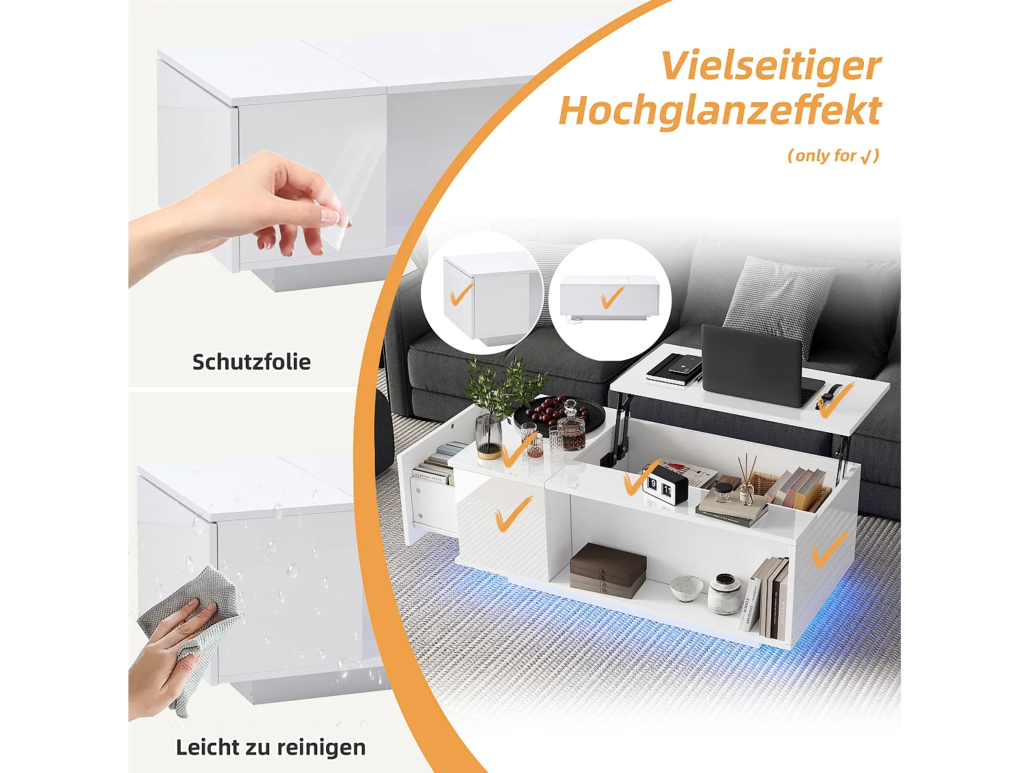 Mesa de centro regulable con espacio de almacenamiento oculto, LED, estante con cajón, diseño moderno, blanco (100x50x40 cm)