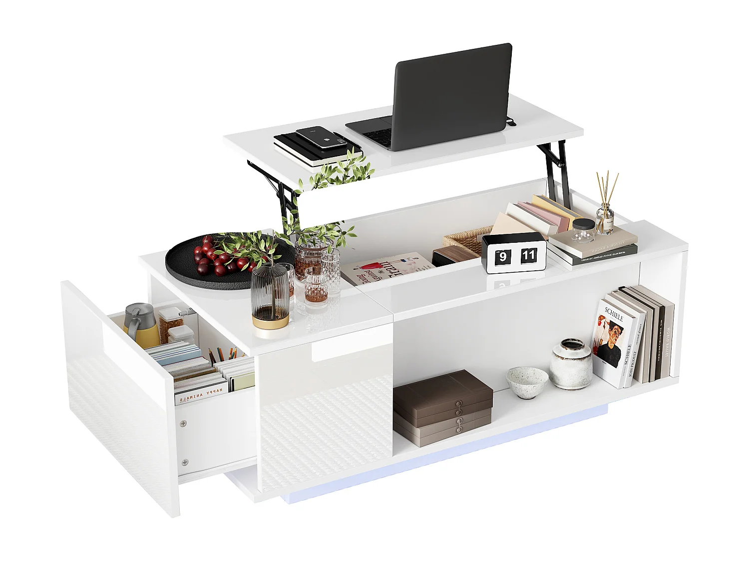 Mesa de centro regulable con espacio de almacenamiento oculto, LED, estante con cajón, diseño moderno, blanco (100x50x40 cm)