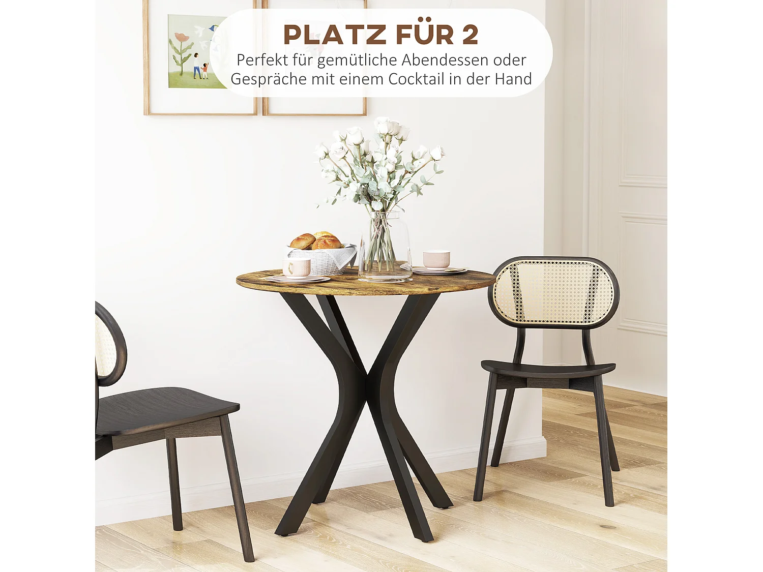 Runder Tisch für 2 Personen, mit spinnenförmigen Metallbeinen, Holz, rustikal braun, (Ø78 x 75 cm)