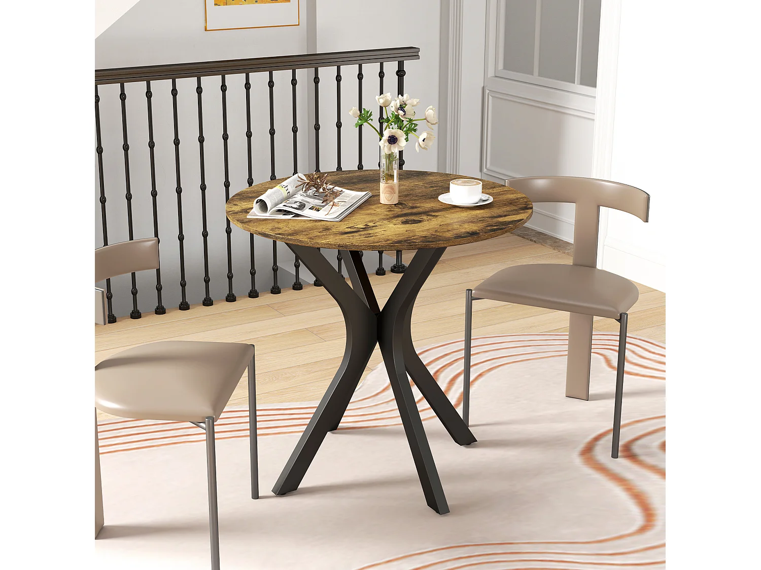 Mesa redonda para 2 personas, con patas de metal en forma de araña, madera, marrón rústico, (Ø78 x 75 cm)