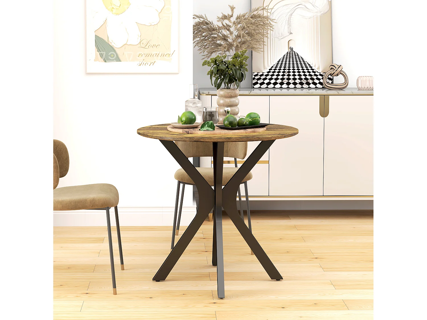 Mesa redonda para 2 personas, con patas de metal en forma de araña, madera, marrón rústico, (Ø78 x 75 cm)