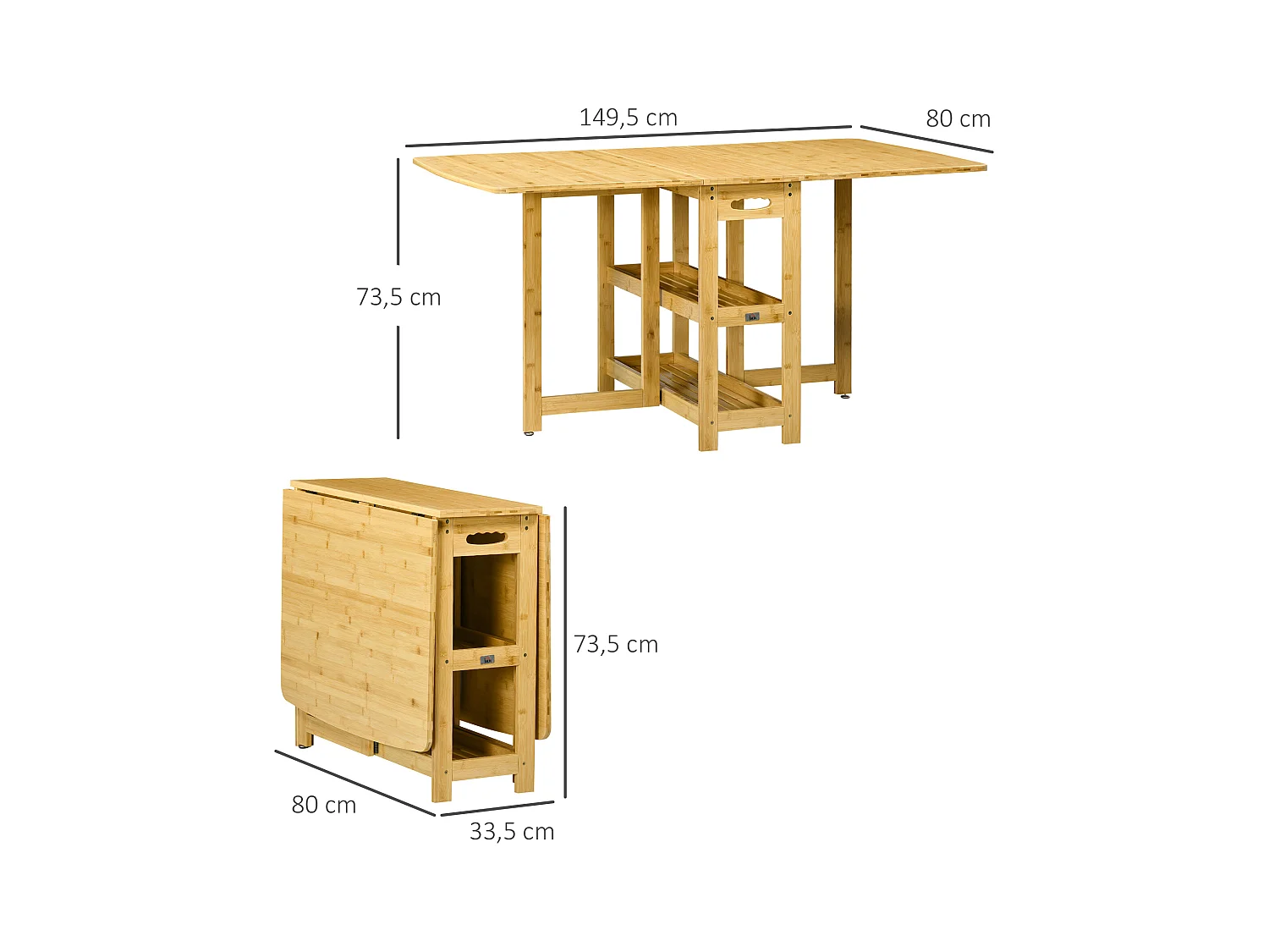 Table à manger pliante avec rangement, pieds réglables, bambou naturel, couleur bois (149.5x80x73.5cm)