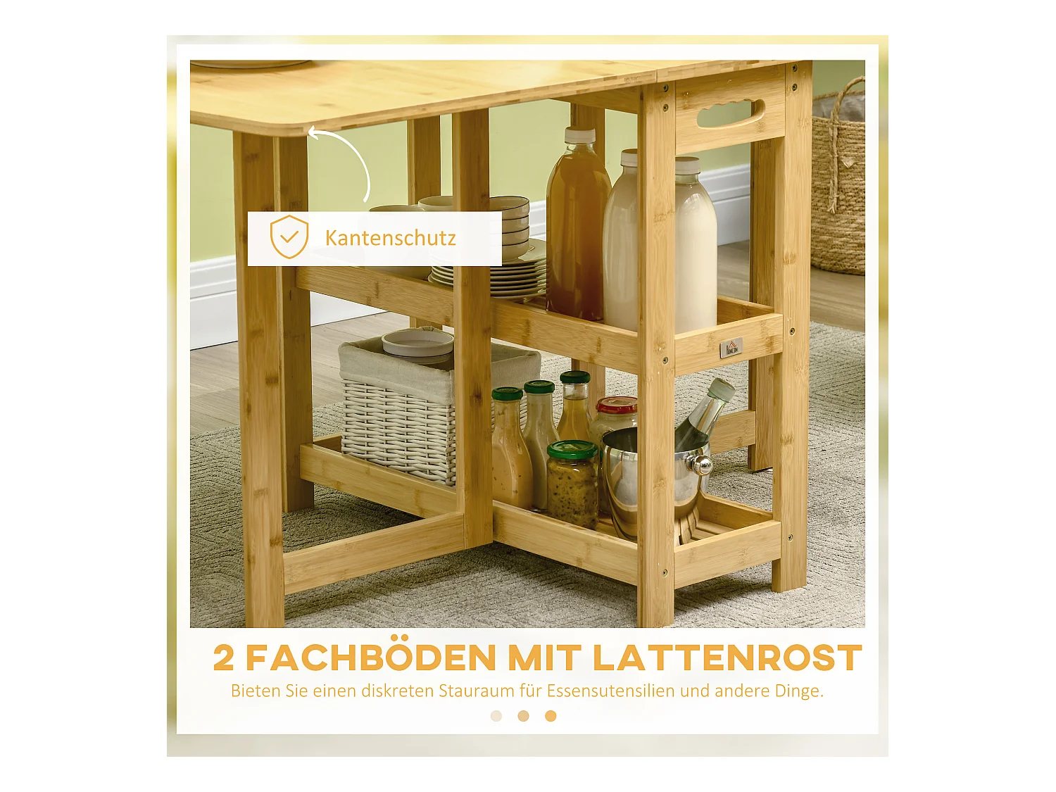 Table à manger pliante avec rangement, pieds réglables, bambou naturel, couleur bois (149.5x80x73.5cm)