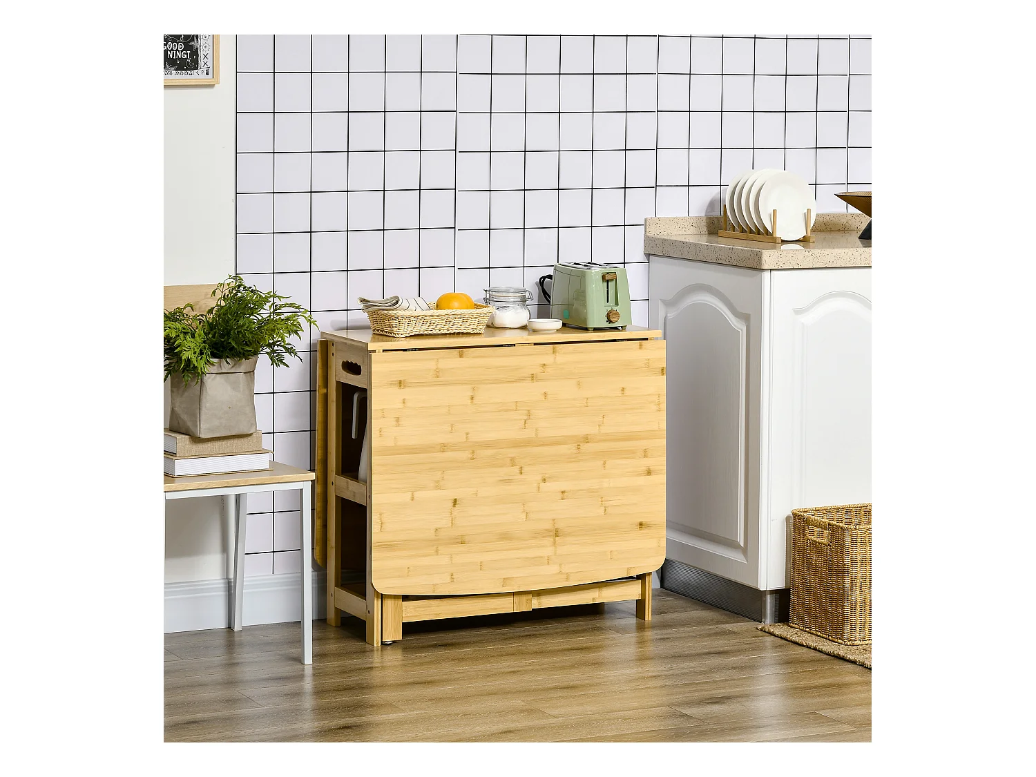 Table à manger pliante avec rangement, pieds réglables, bambou naturel, couleur bois (149.5x80x73.5cm)