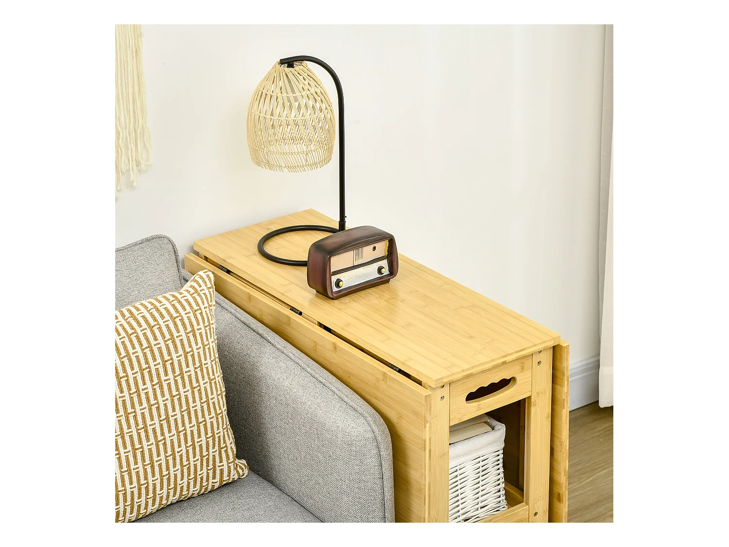 Table à manger pliante avec rangement, pieds réglables, bambou naturel, couleur bois (149.5x80x73.5cm)