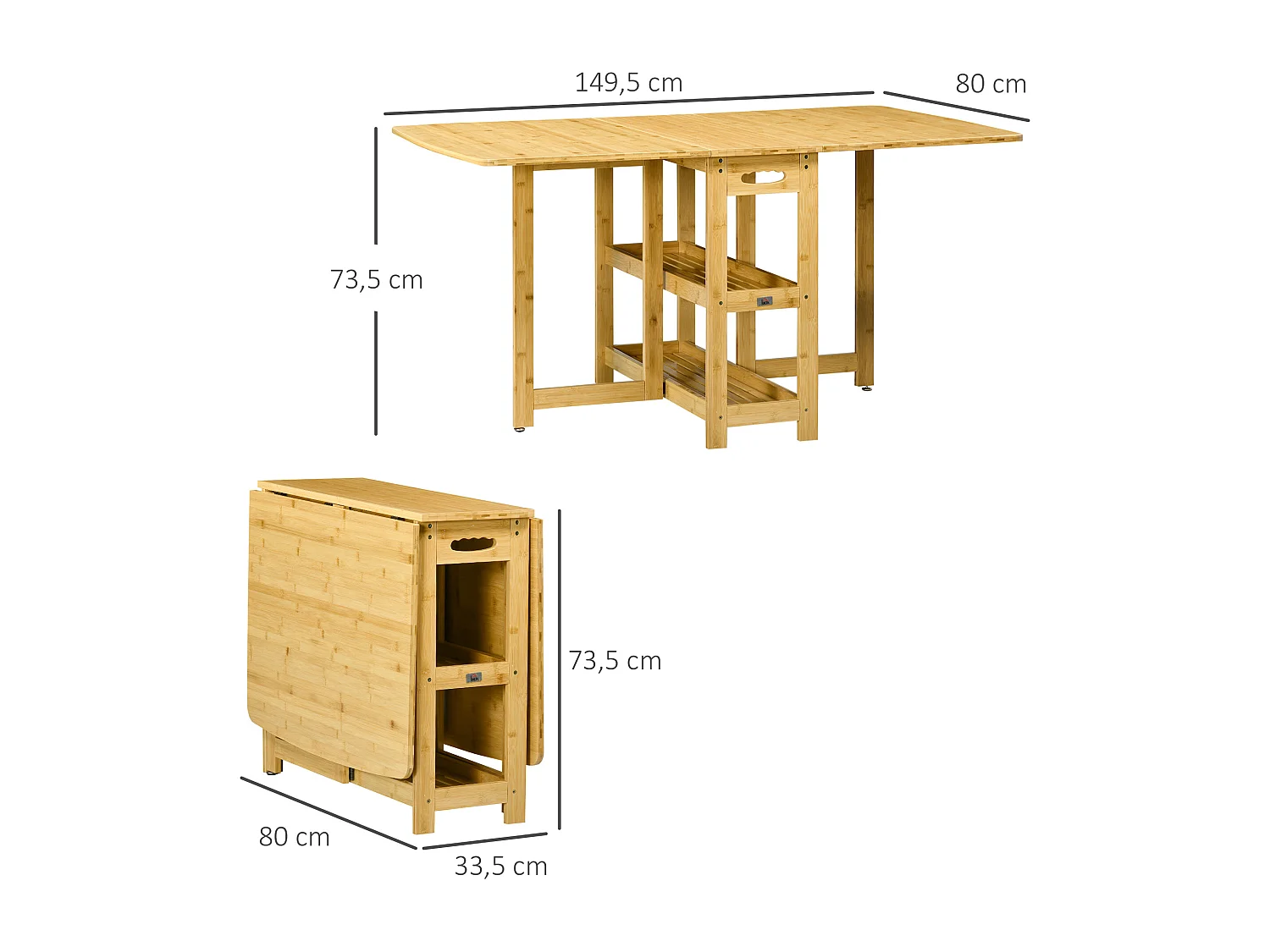 Table à manger pliante avec rangement, pieds réglables, bambou naturel, couleur bois (149.5x80x73.5cm)