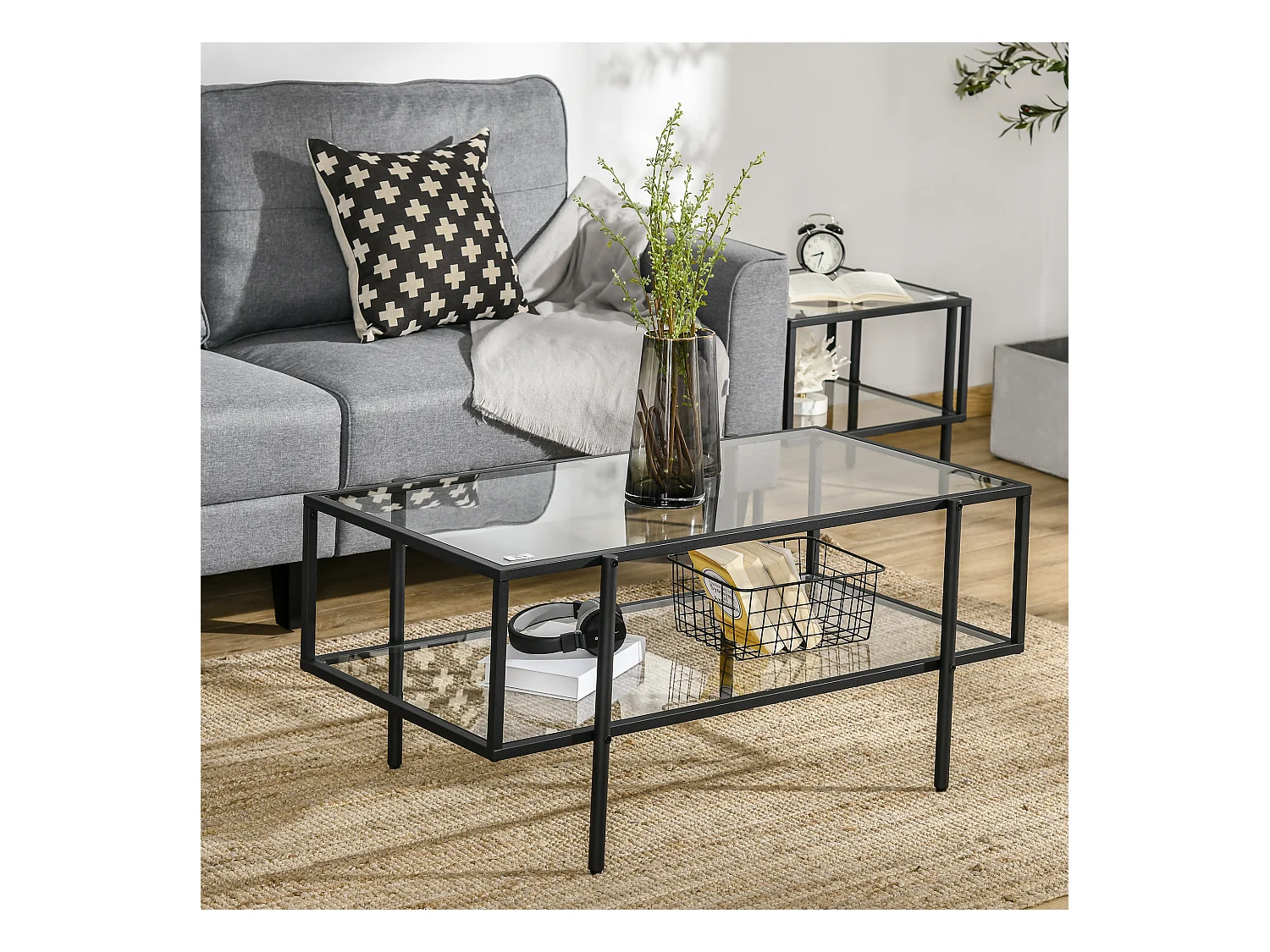 Table basse en verre avec 3 étagères, cadre en acier, noir (100x55x45.5 cm)