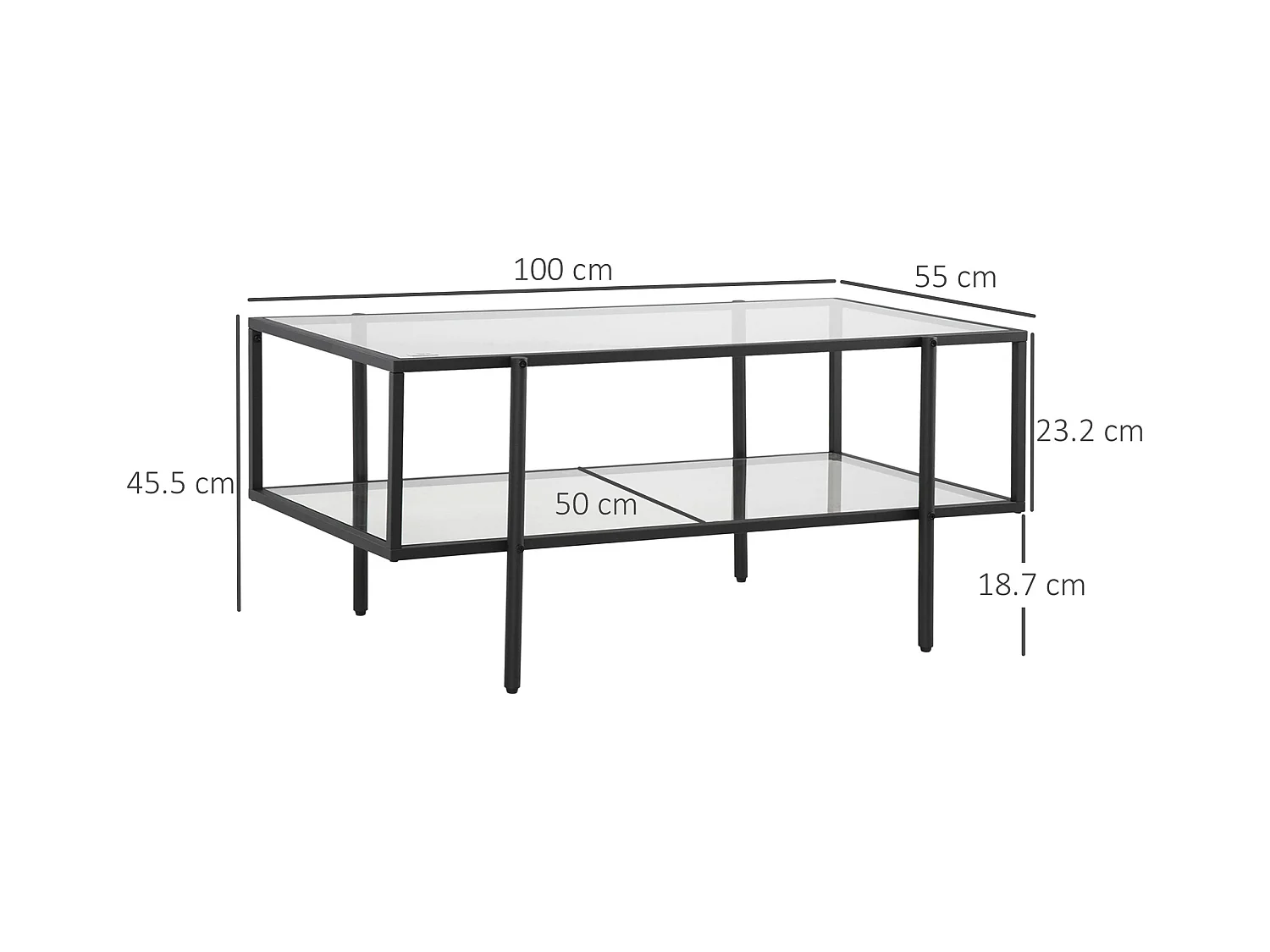 Table basse en verre avec 3 étagères, cadre en acier, noir (100x55x45.5 cm)