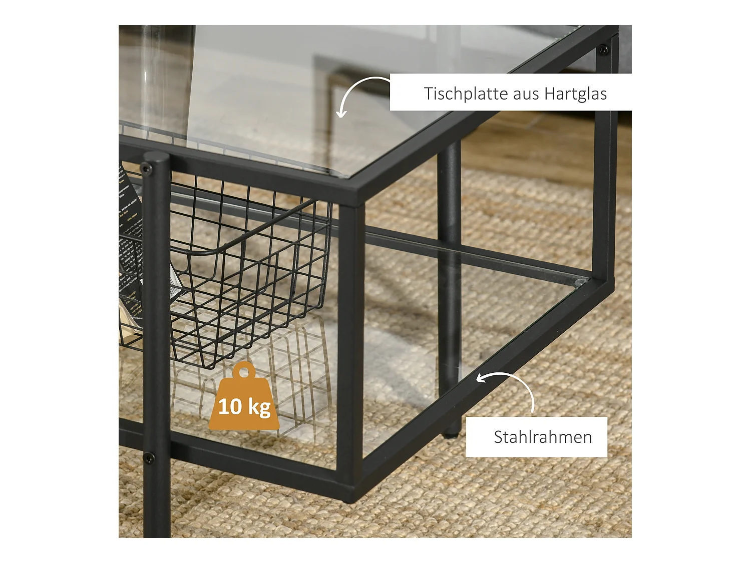 Table basse en verre avec 3 étagères, cadre en acier, noir (100x55x45.5 cm)