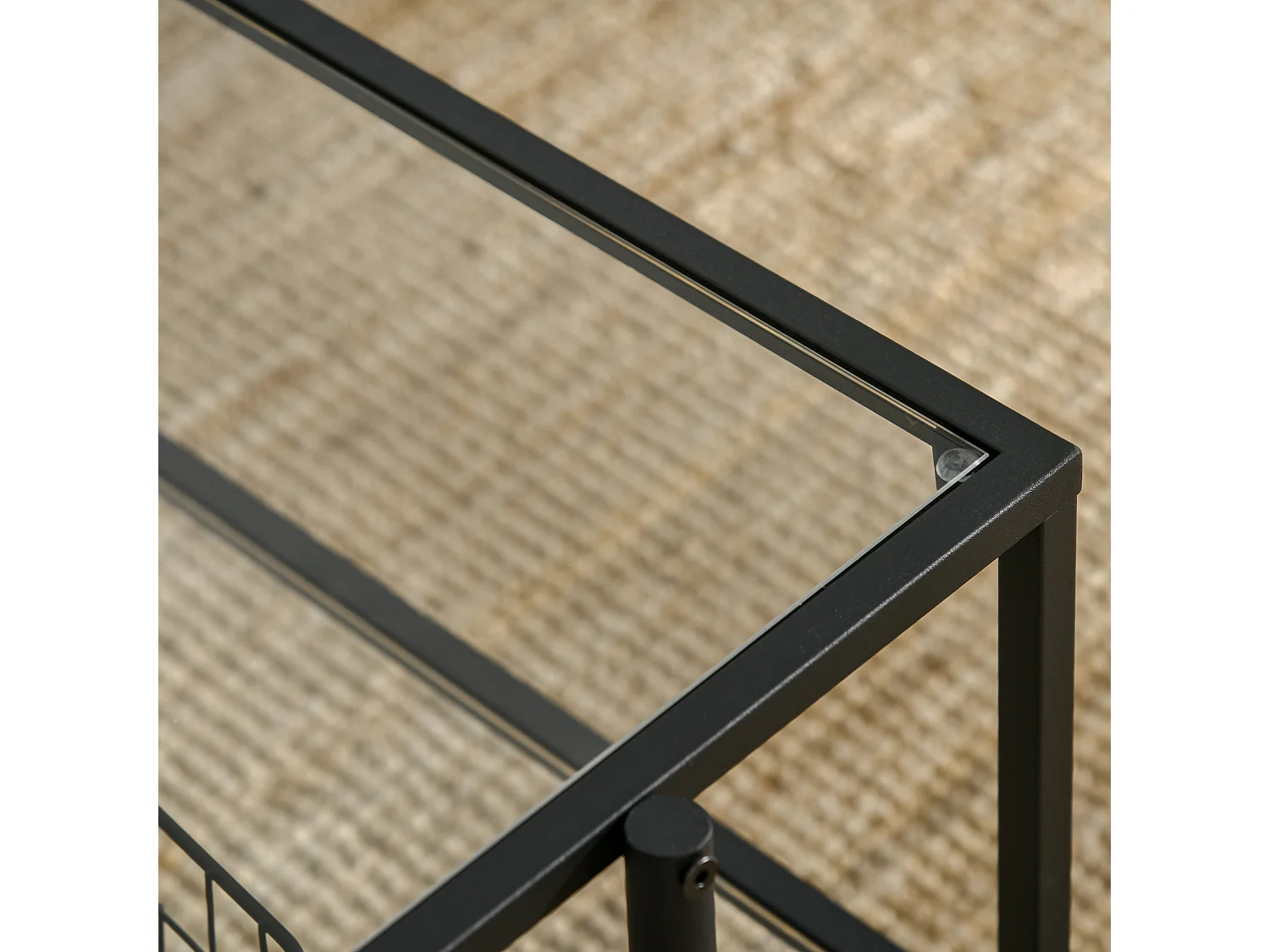 Table basse en verre avec 3 étagères, cadre en acier, noir (100x55x45.5 cm)