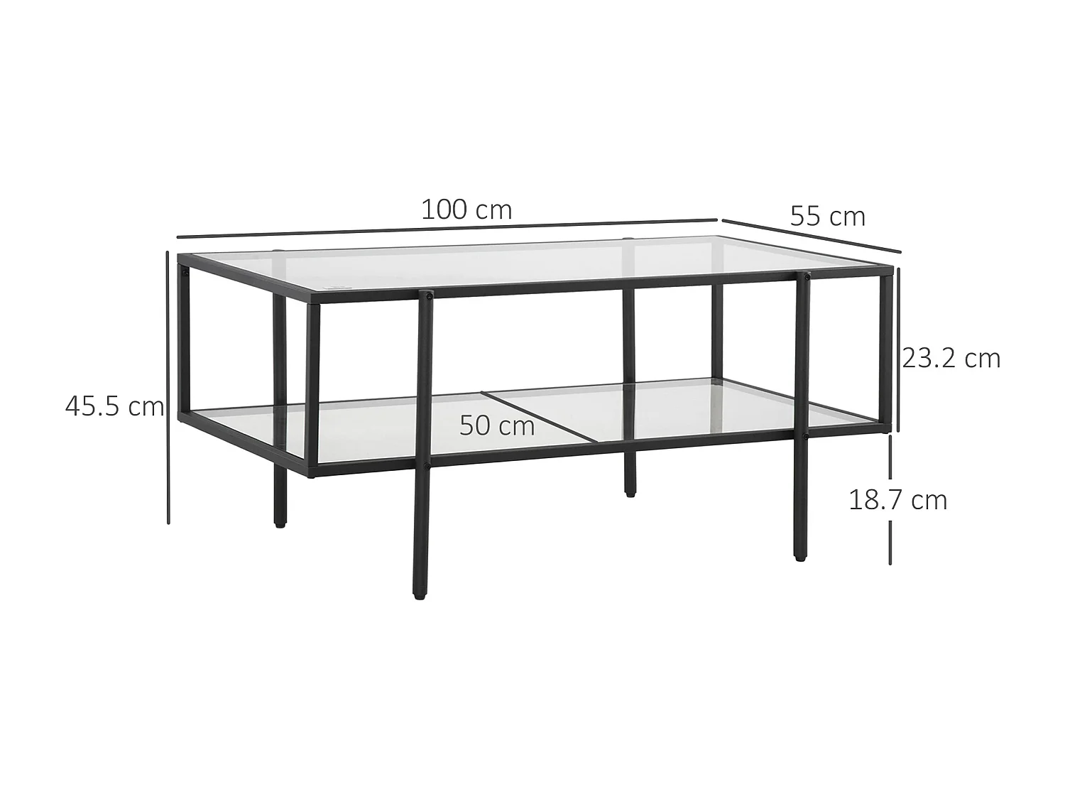 Table basse en verre avec 3 étagères, cadre en acier, noir (100x55x45.5 cm)