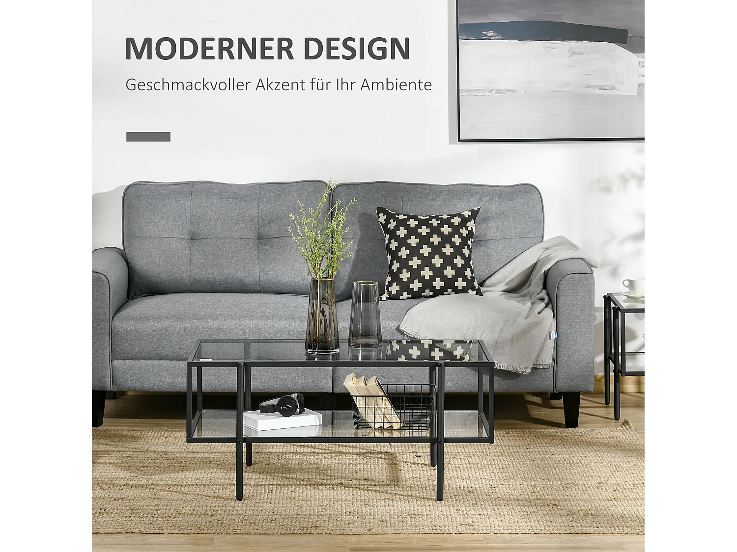 Table basse en verre avec 3 étagères, cadre en acier, noir (100x55x45.5 cm)