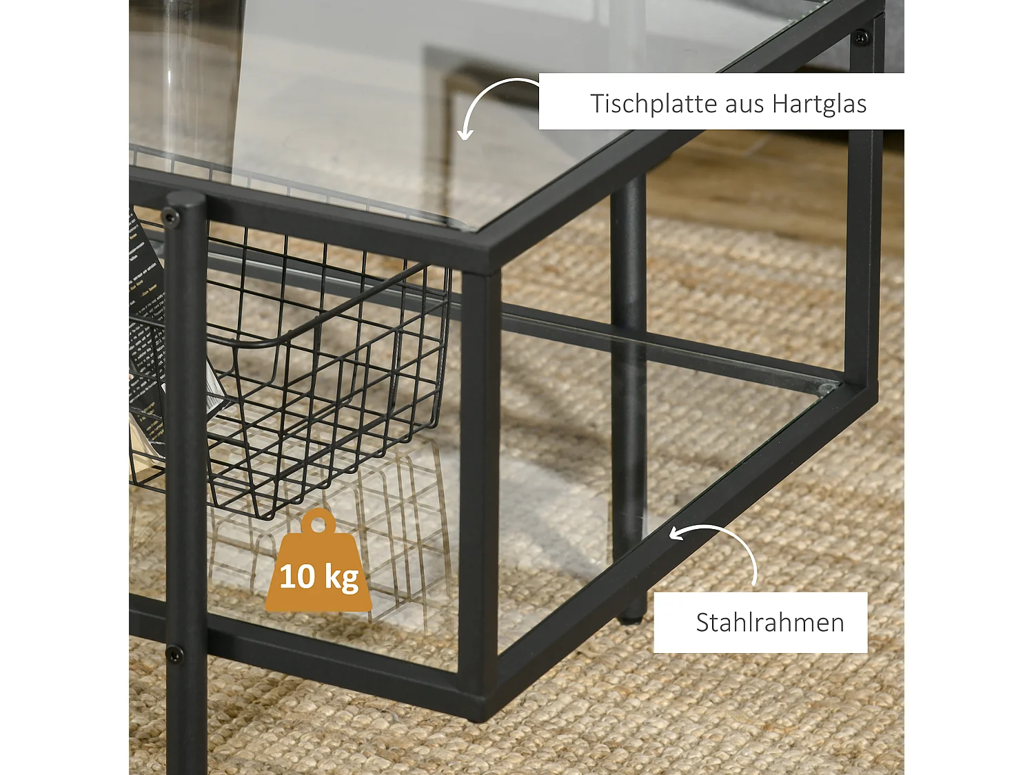 Table basse en verre avec 3 étagères, cadre en acier, noir (100x55x45.5 cm)