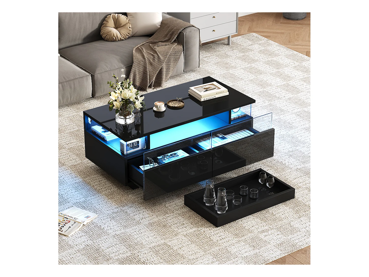 Table basse avec Tablett, 2 tiroirs, design moderne, MDF + verre, noir (90x45x35.5 cm)