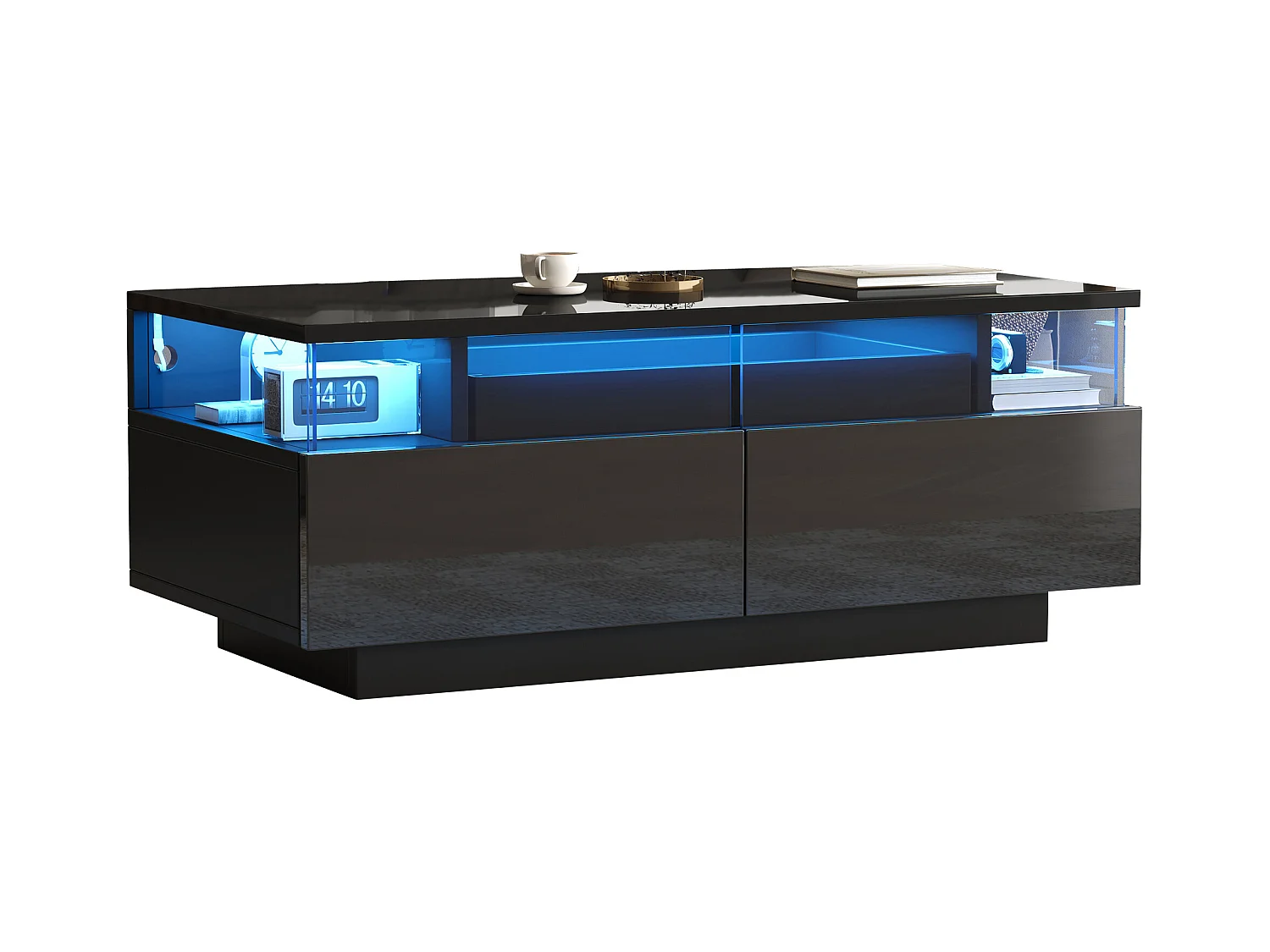 Table basse avec Tablett, 2 tiroirs, design moderne, MDF + verre, noir (90x45x35.5 cm)